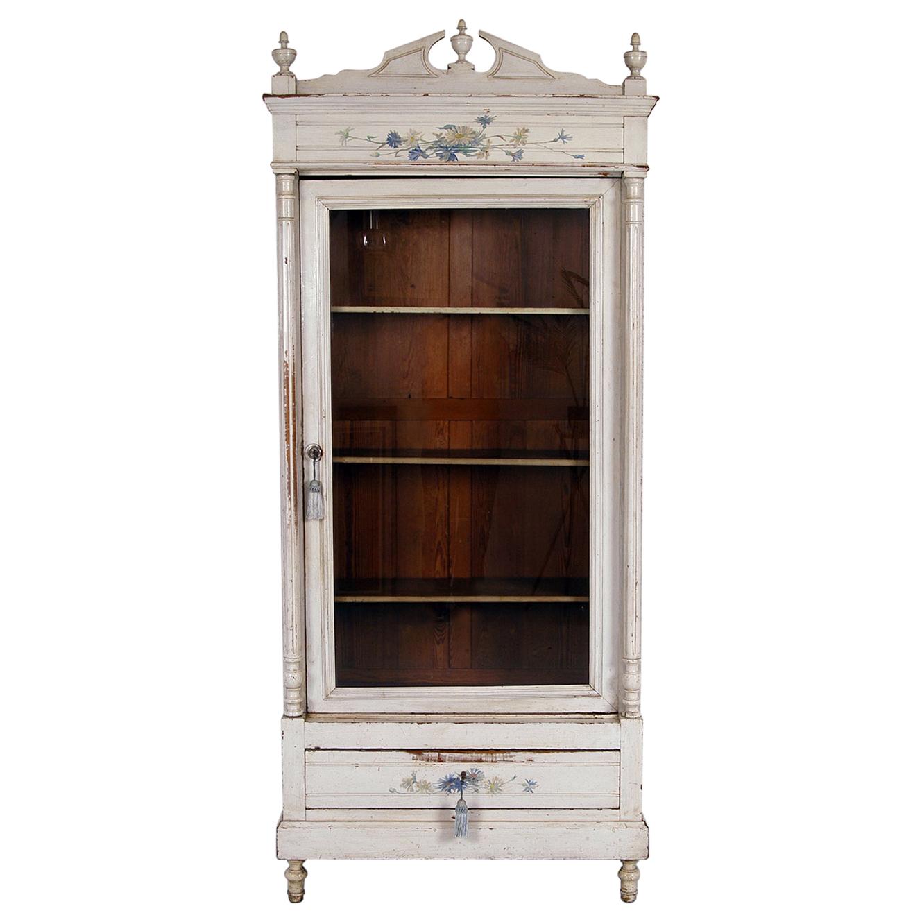 Late 19th Century French Painted Pale Grey Pitch Pine Glazed Linen Press Armoire