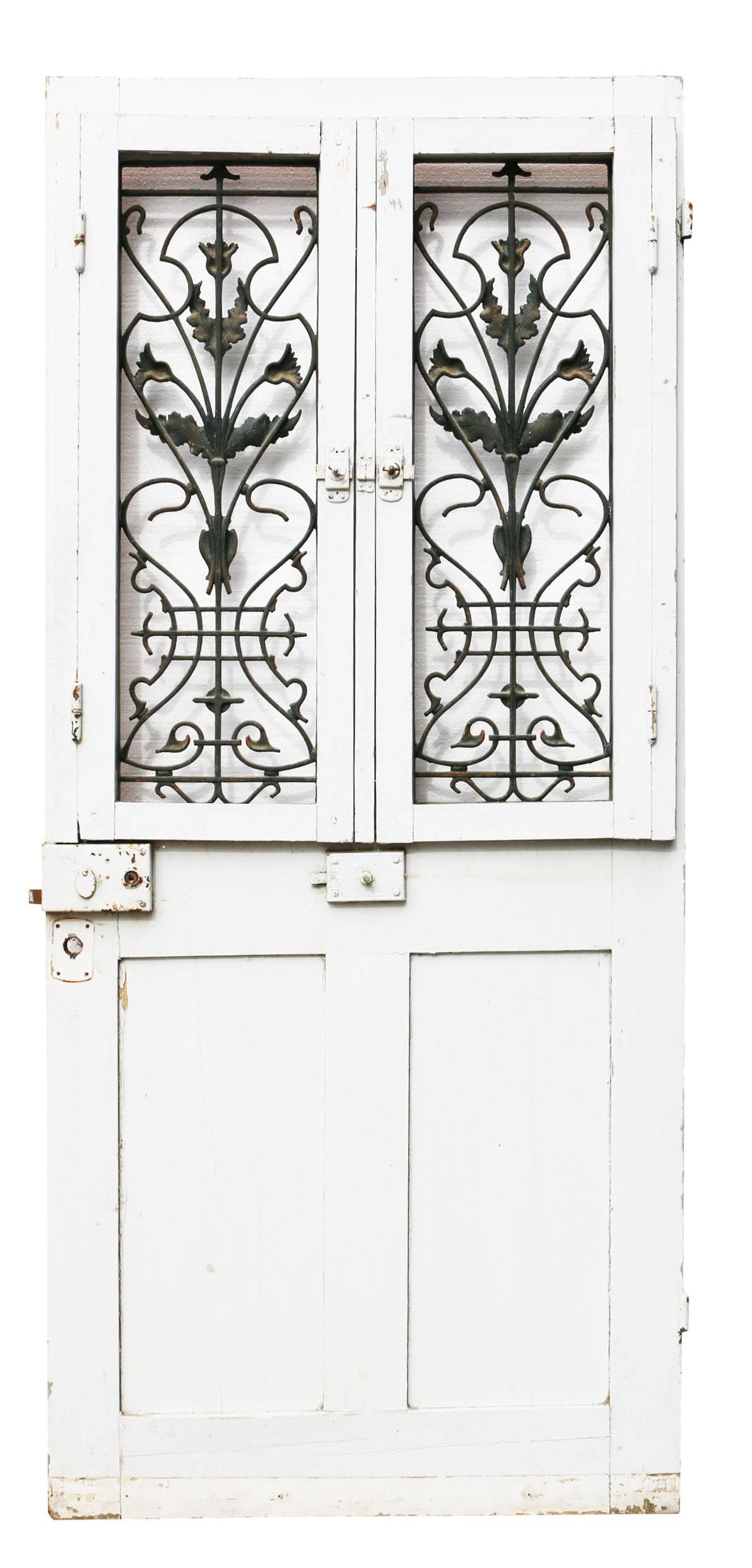 Regency Late 19th Century French Painted Pine Front Door with Cast Iron Grills