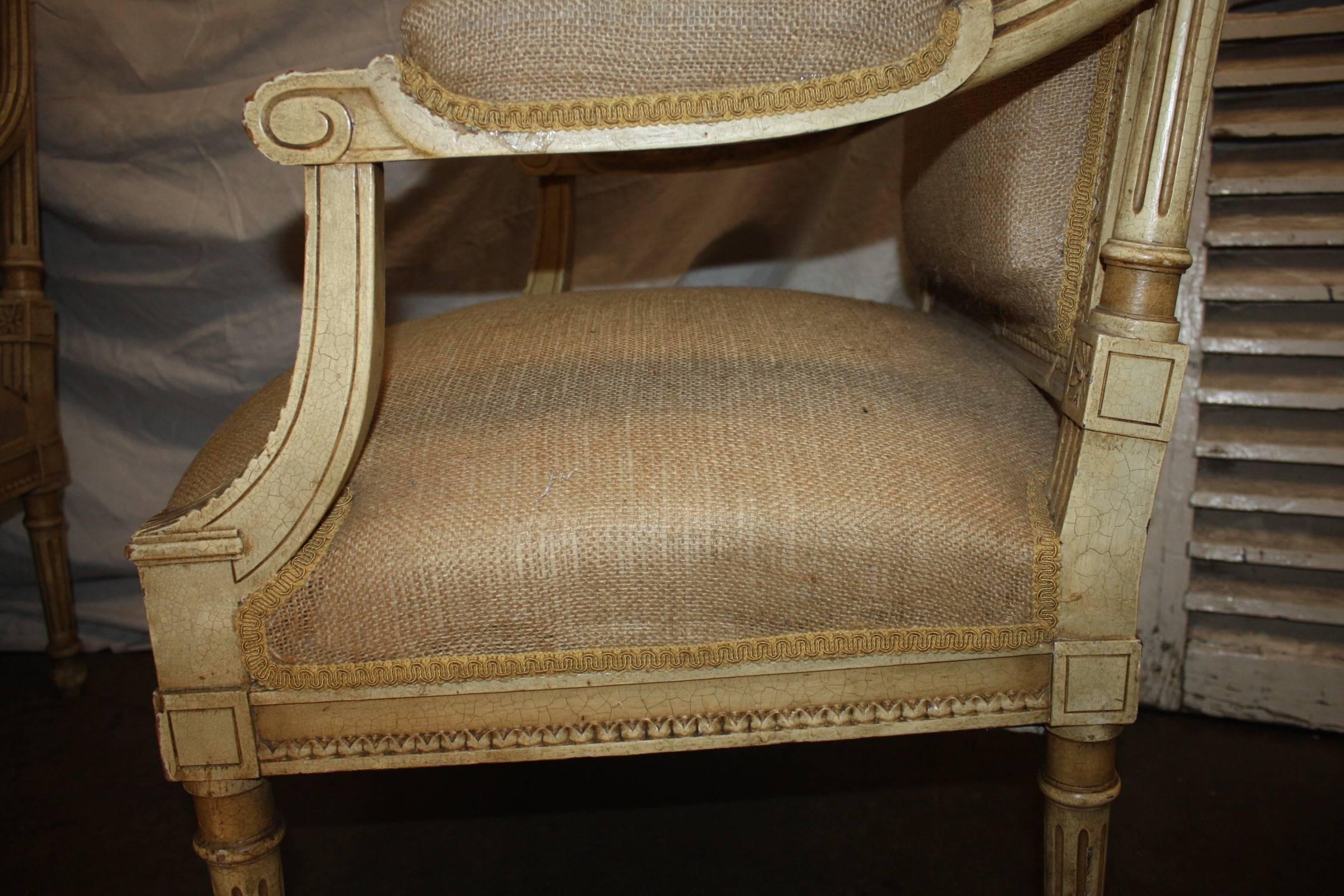Burlap Late 19th Century French Pair of Armchairs