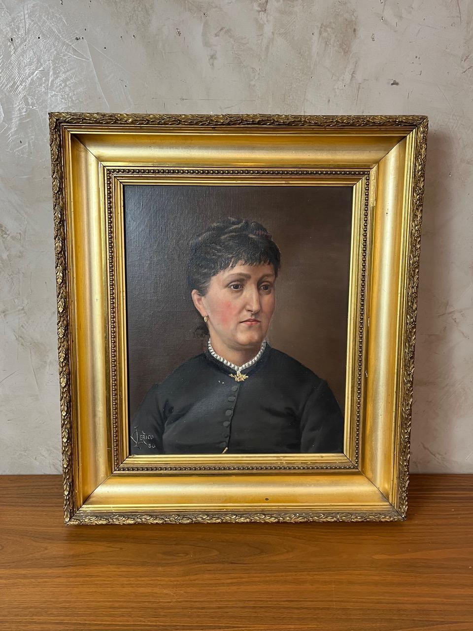 Pair of portraits presented in sumptuous gilded wood frames, both signed. These paintings, dating from the late 19th to early 20th century, depict an elegant man with a moustache and a distinguished woman wearing a pearl necklace — both exuding a