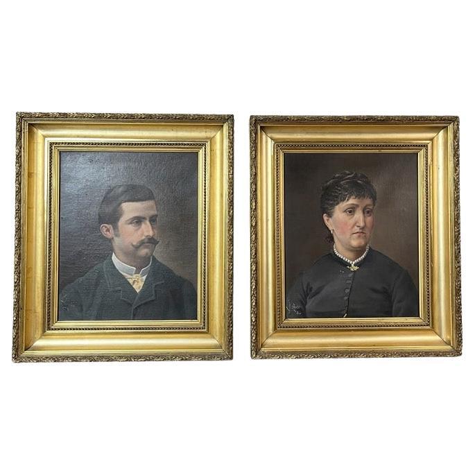 Late 19th century French Pair of Oil on Canvas Portrait, 1900s For Sale