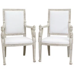 Late 19th Century French Pair of White Painted Egyptian Revival Armchairs