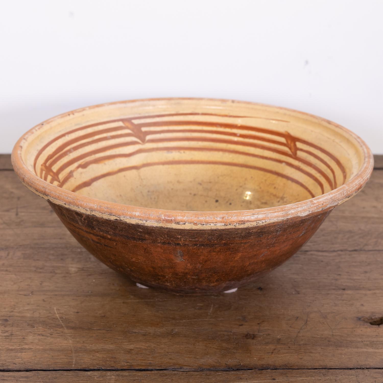 Terracotta Late 19th Century French Pancheon or Dough Bowl with Light Mustard Yellow Glaze For Sale