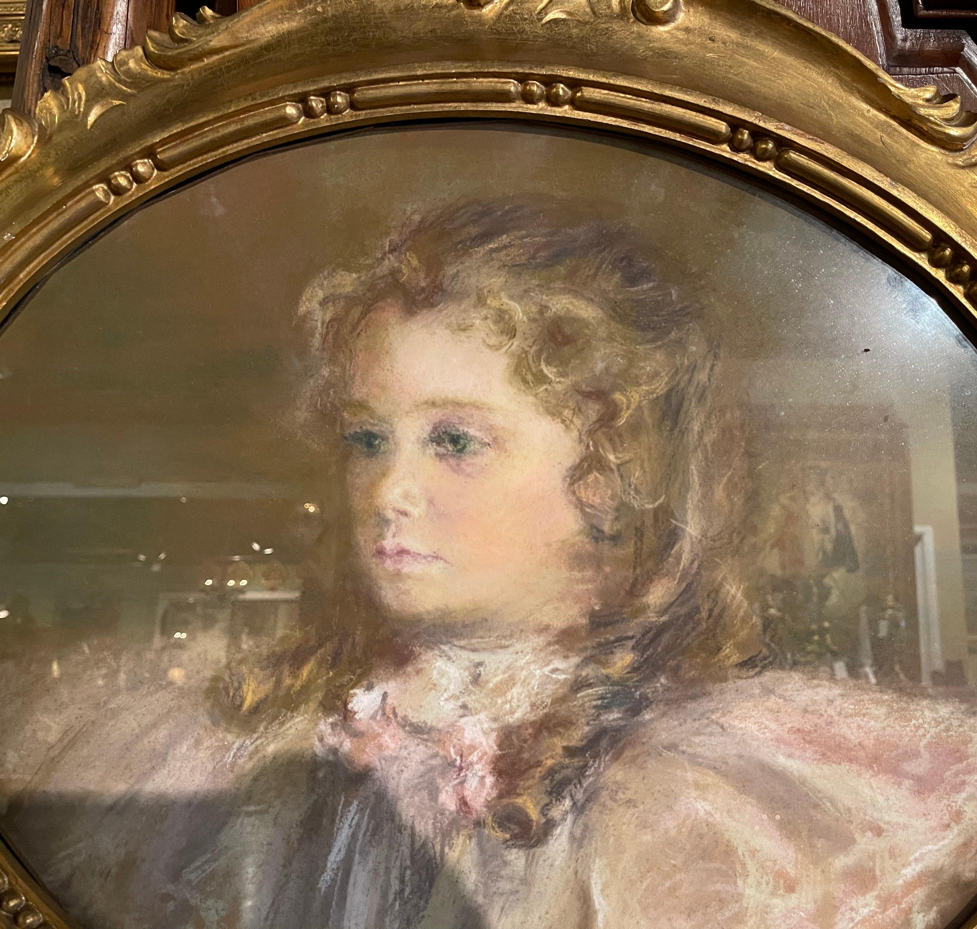 Louis XVI Late 19th Century French Pastel Portrait of Young Girl in Oval Gilt Frame For Sale
