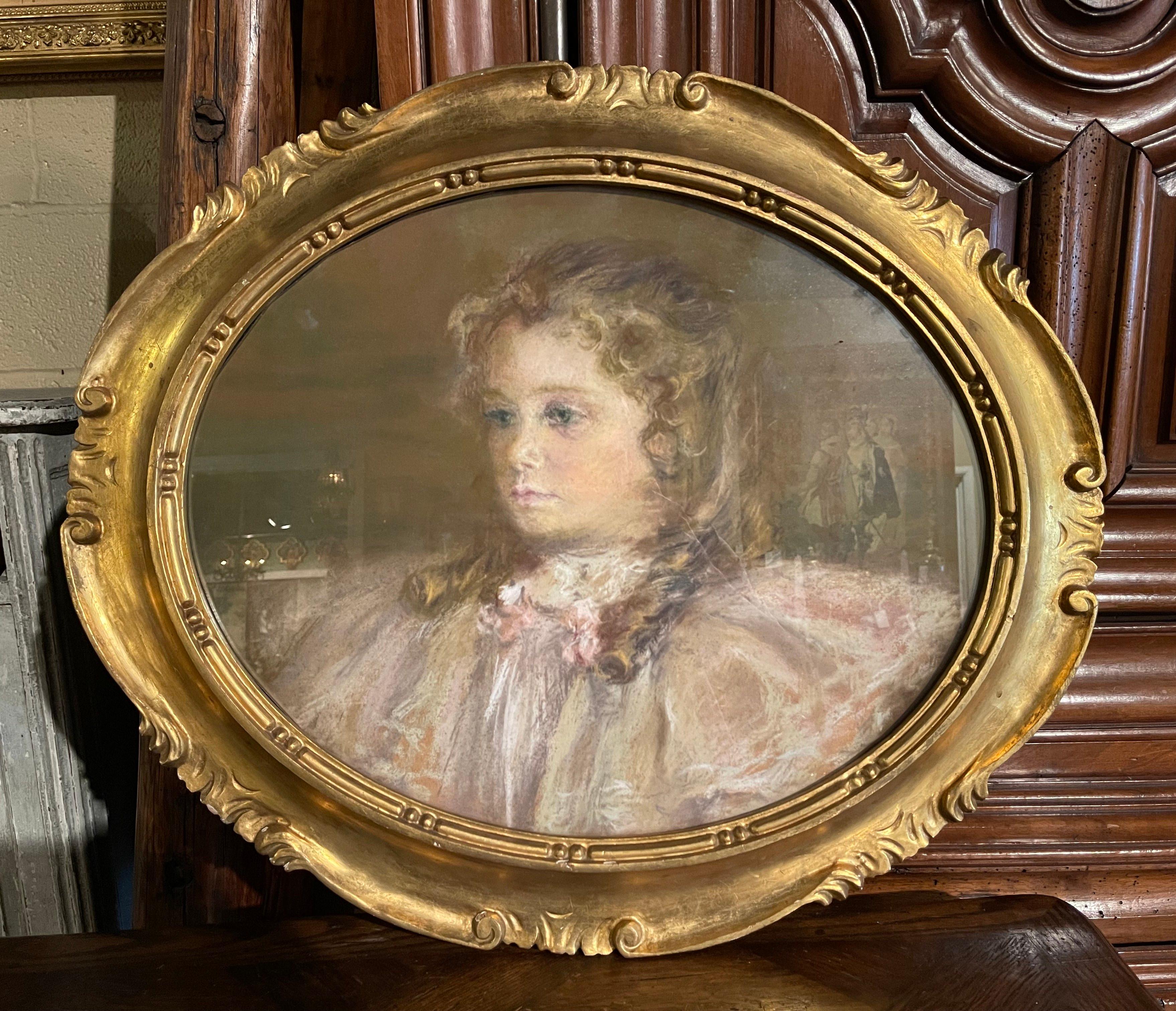 Carved Late 19th Century French Pastel Portrait of Young Girl in Oval Gilt Frame For Sale