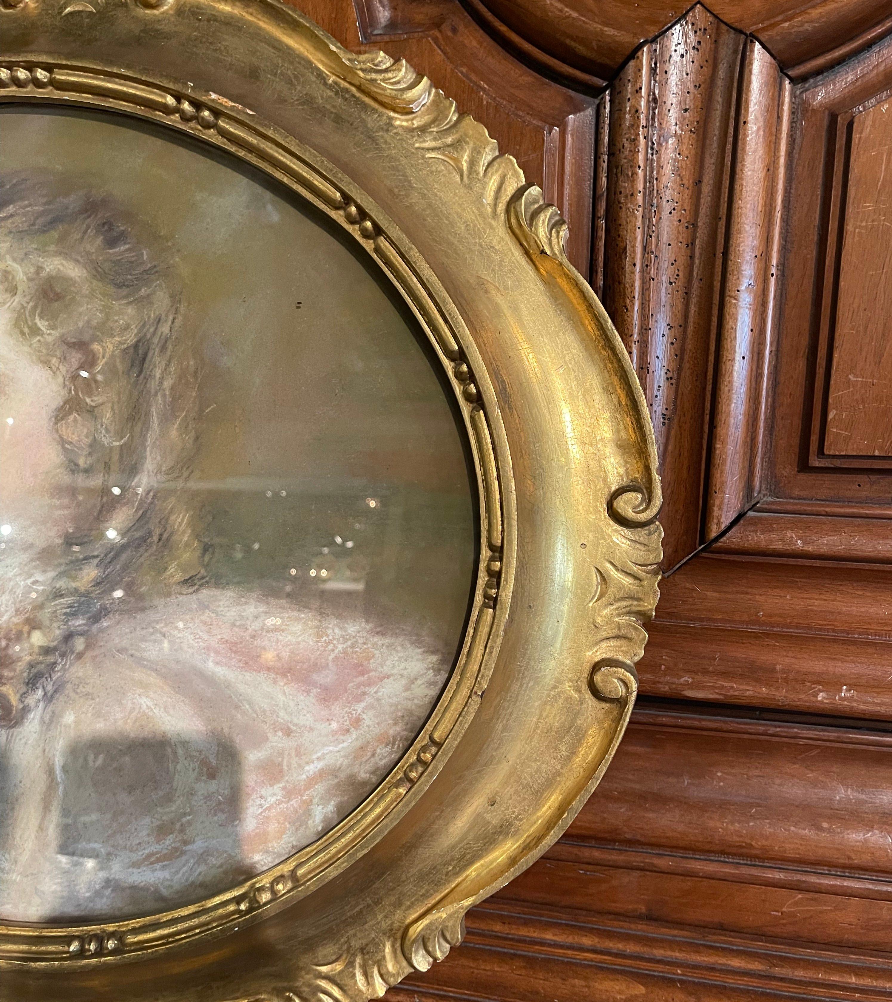 Late 19th Century French Pastel Portrait of Young Girl in Oval Gilt Frame In Excellent Condition For Sale In Dallas, TX