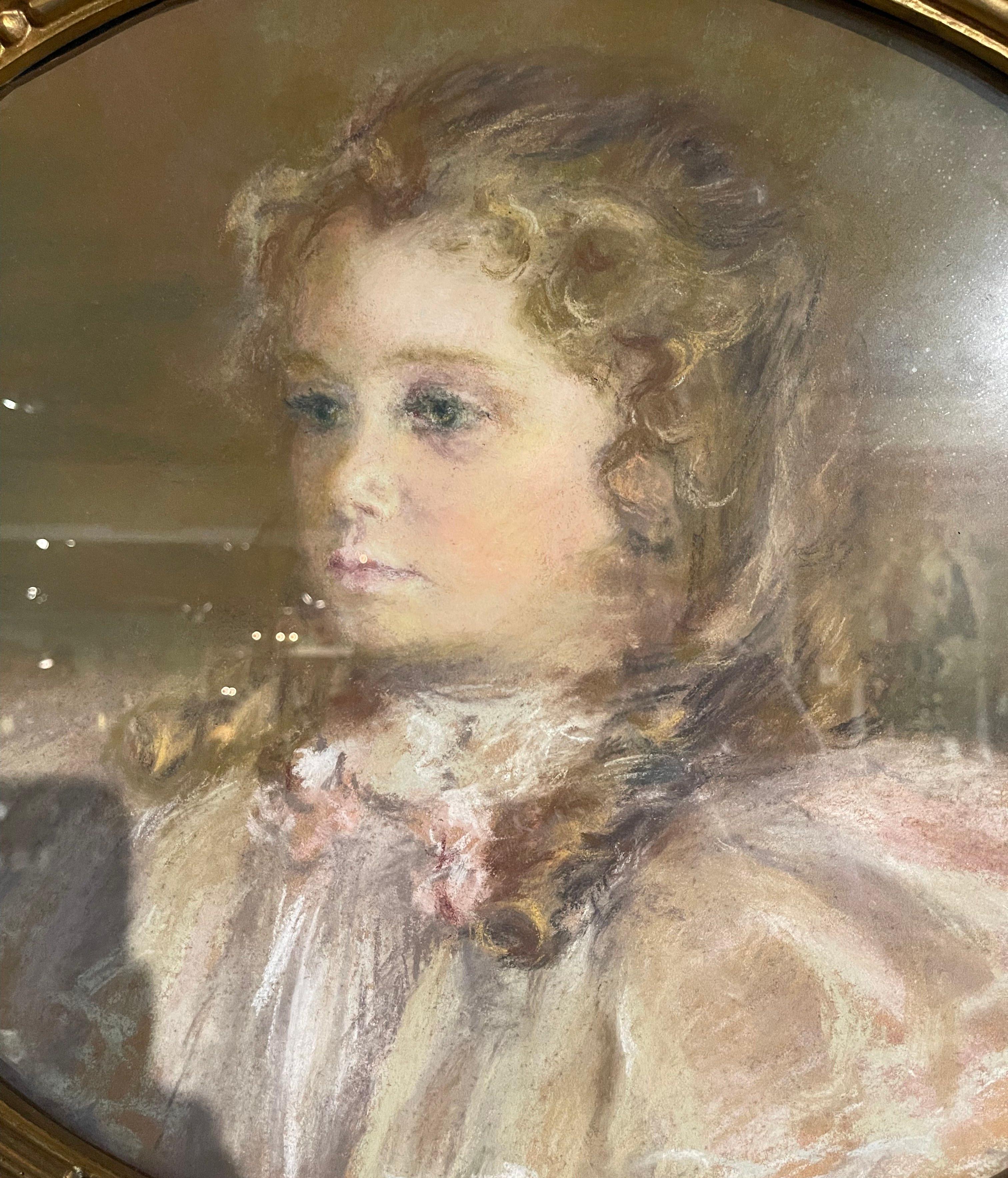 Canvas Late 19th Century French Pastel Portrait of Young Girl in Oval Gilt Frame For Sale