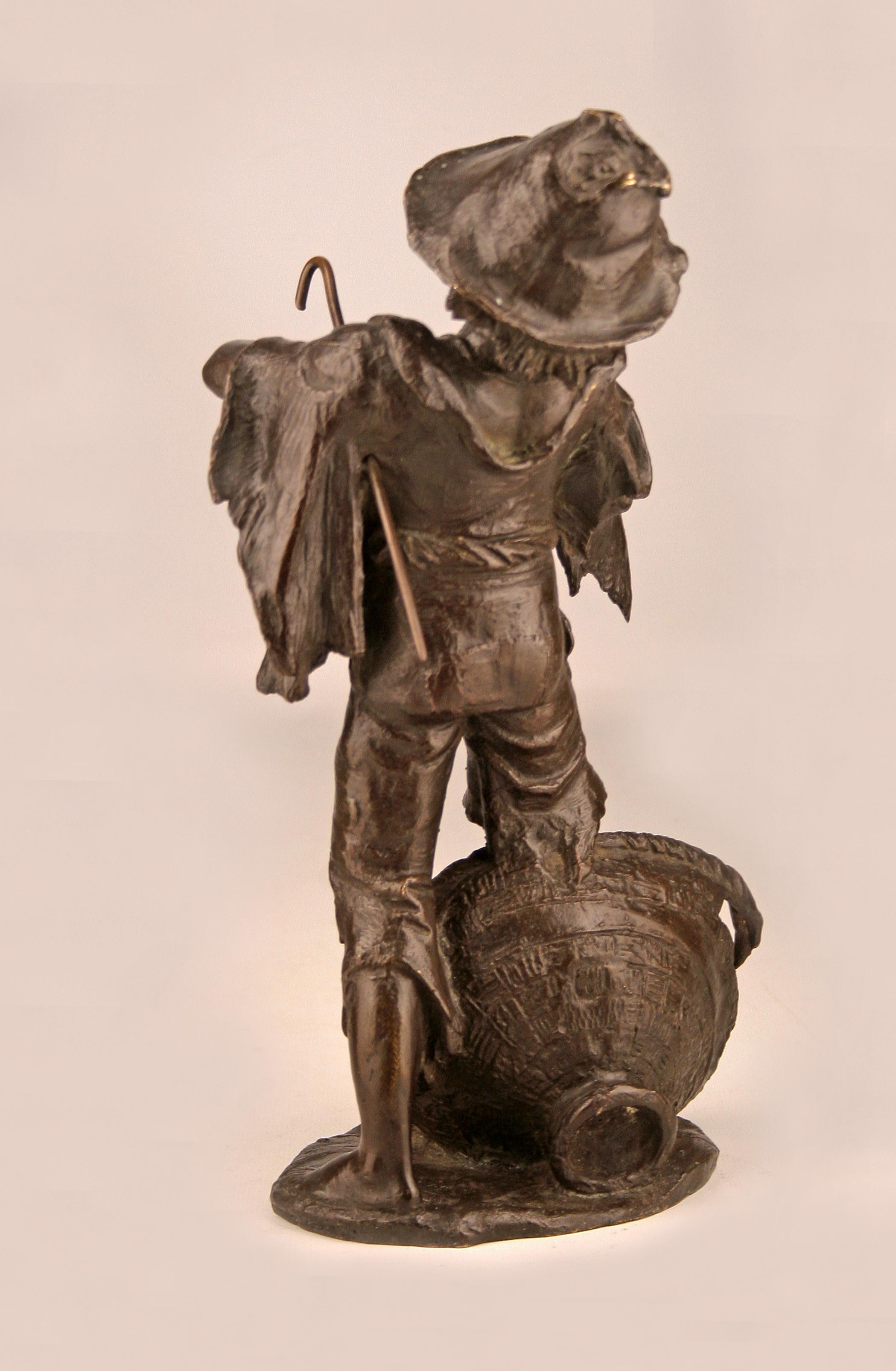 Cast Late 19th Century French Patinated Bronze Sculpture of a Peasant/Shepherd Boy For Sale