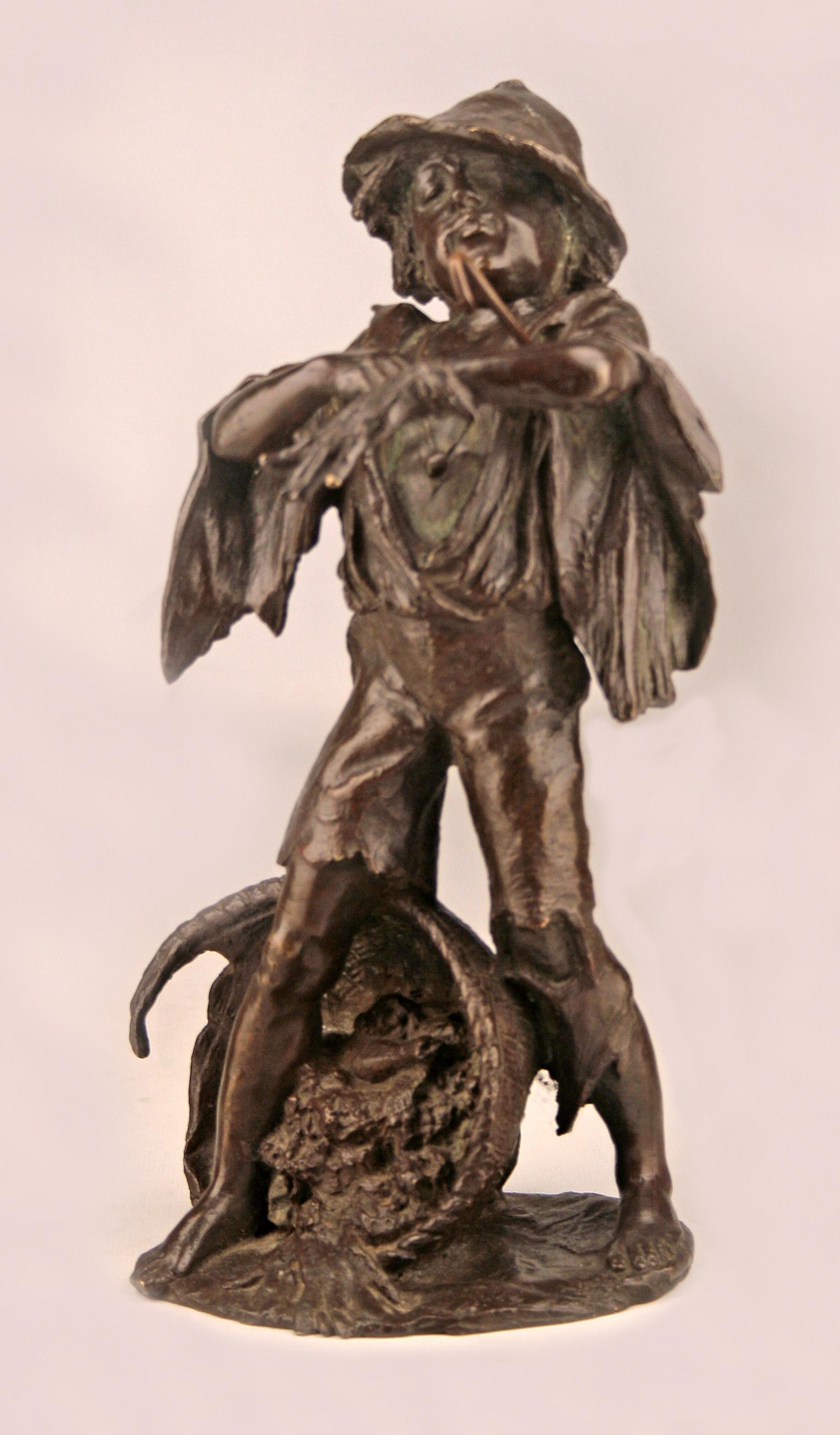 Französische patinierte Bronzeskulptur eines Bauern/ Hirtenjungen aus dem späten 19. Jahrhundert im Zustand „Gut“ im Angebot in North Miami, FL