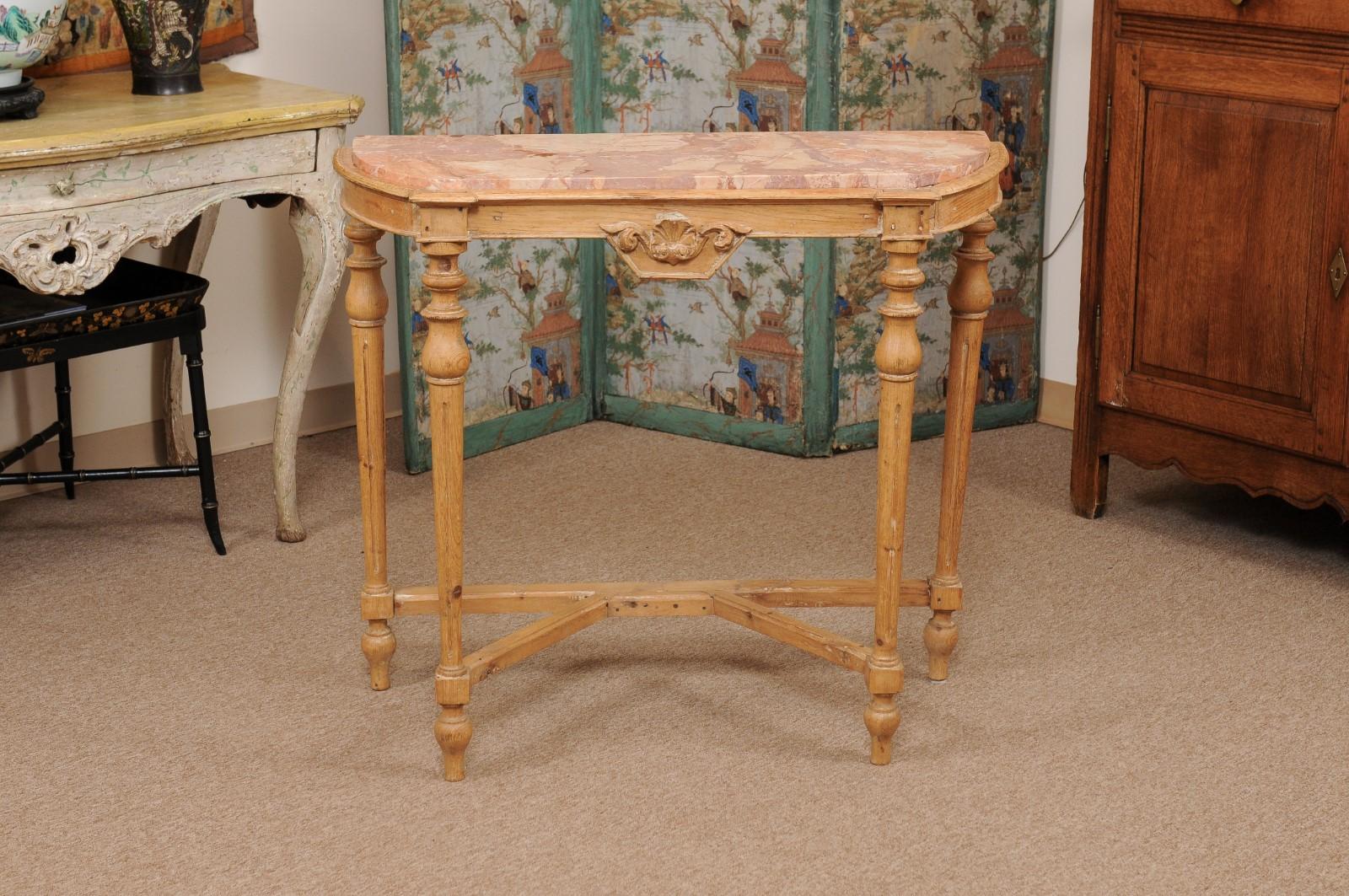 Late 19th century French Pine Console Table with Fluted Legs & Inset Marble Top.