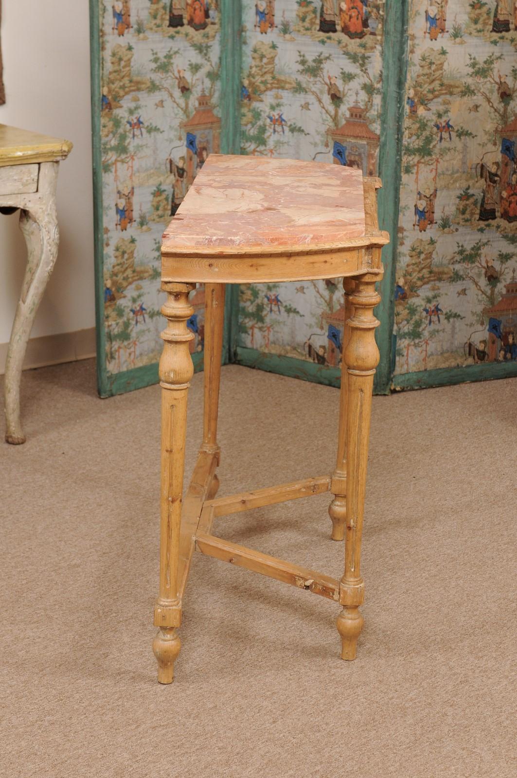 Late 19th Century French Pine Console Table with Fluted Legs & Inset Marble Top For Sale 1