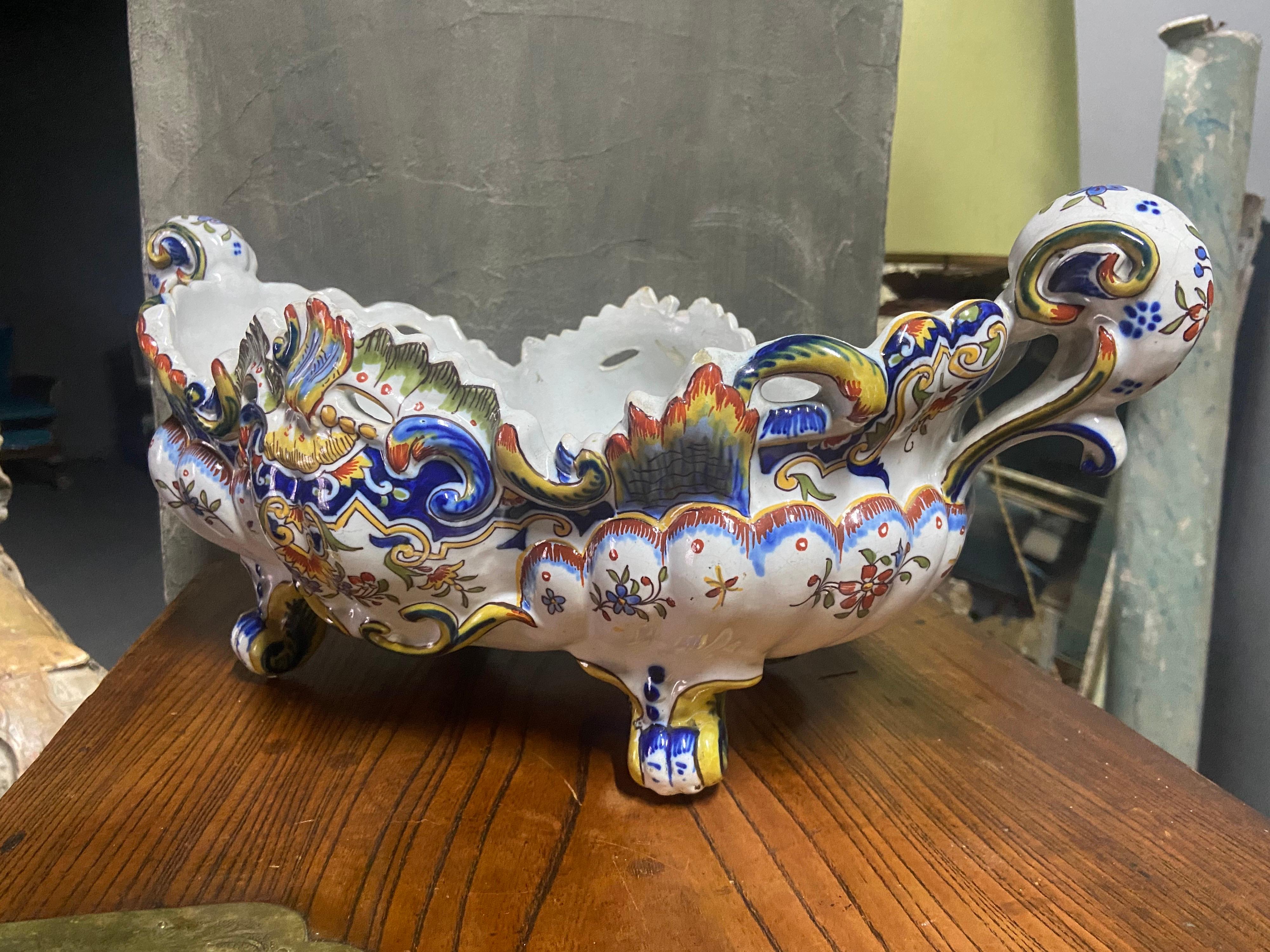 Hand-Painted Late 19th Century French Polychromatic Desvres Ceramic Jardiniere Centrepiece For Sale