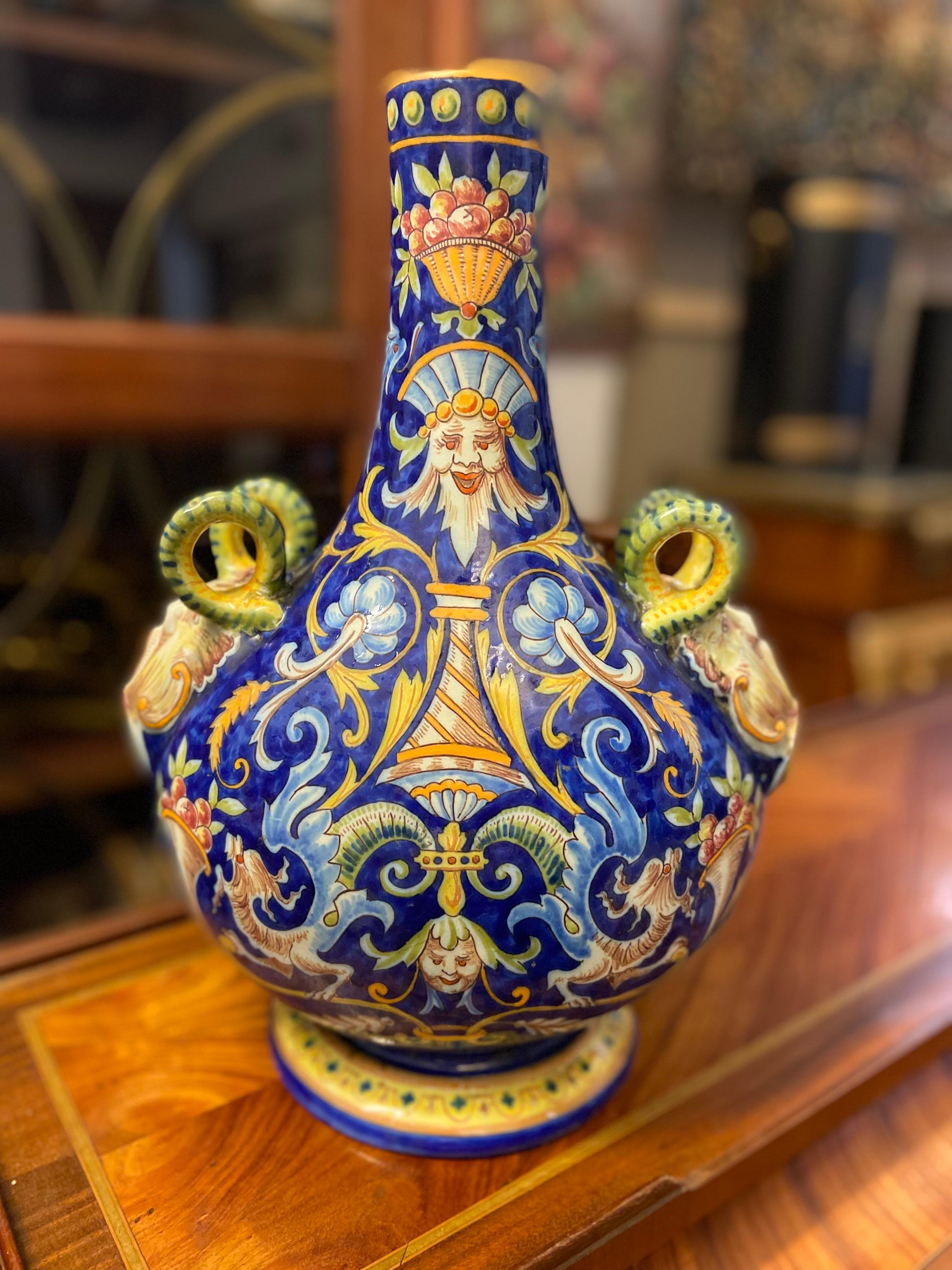 Hand-Painted Late 19th Century French Polychromatic Desvres Ceramic Vase or Centrepiece For Sale