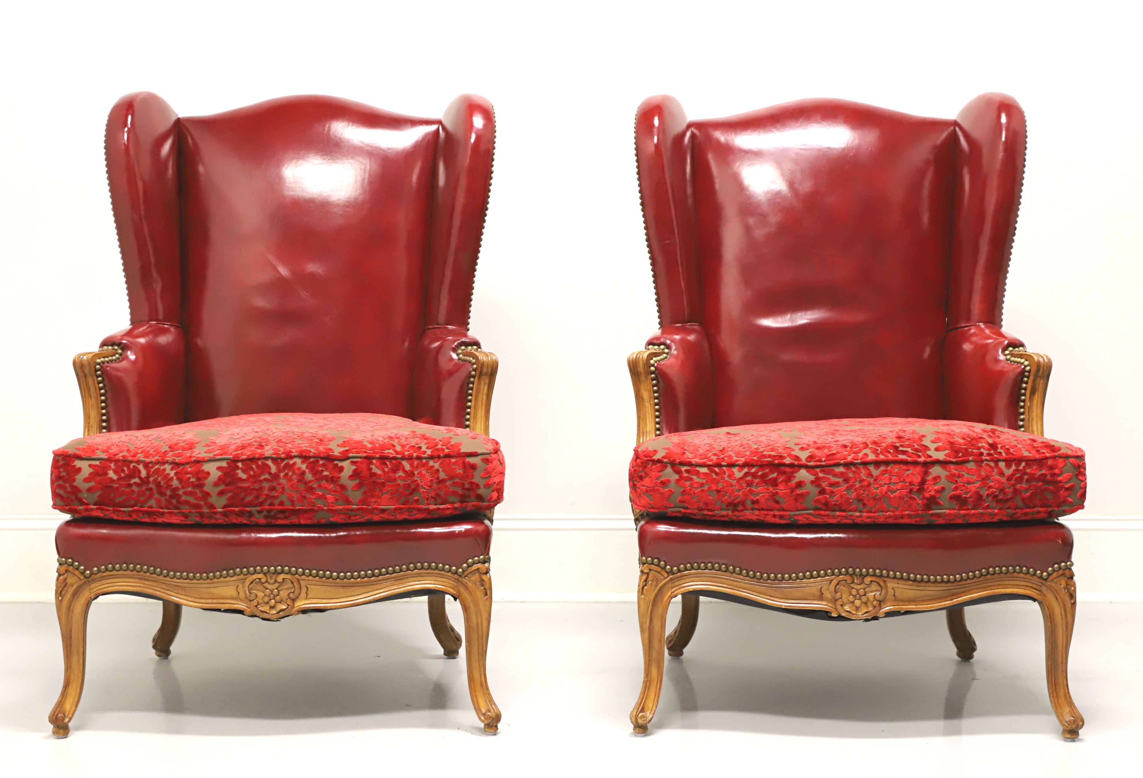 American Late 19th Century French Provincial Louis XV Red Leather Wing Back Chairs - Pair