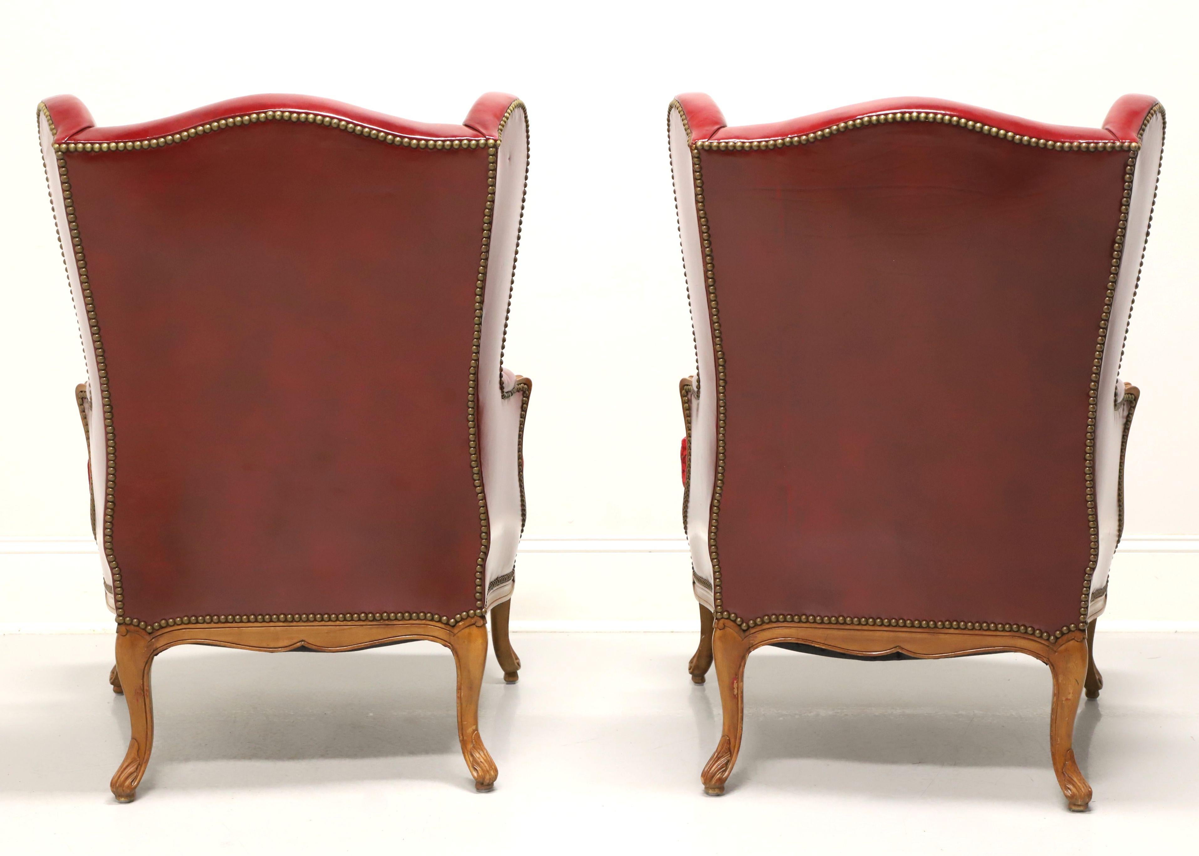 Fabric Late 19th Century French Provincial Louis XV Red Leather Wing Back Chairs - Pair