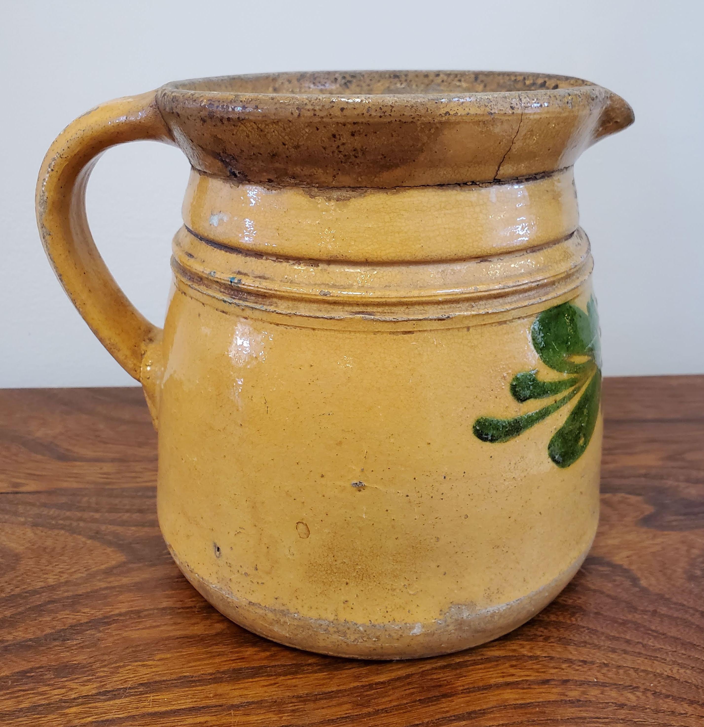 Late 19th Century French Provincial Painted Terra Cotta Pitcher or Wine Jug In Good Condition In Middleburg, VA