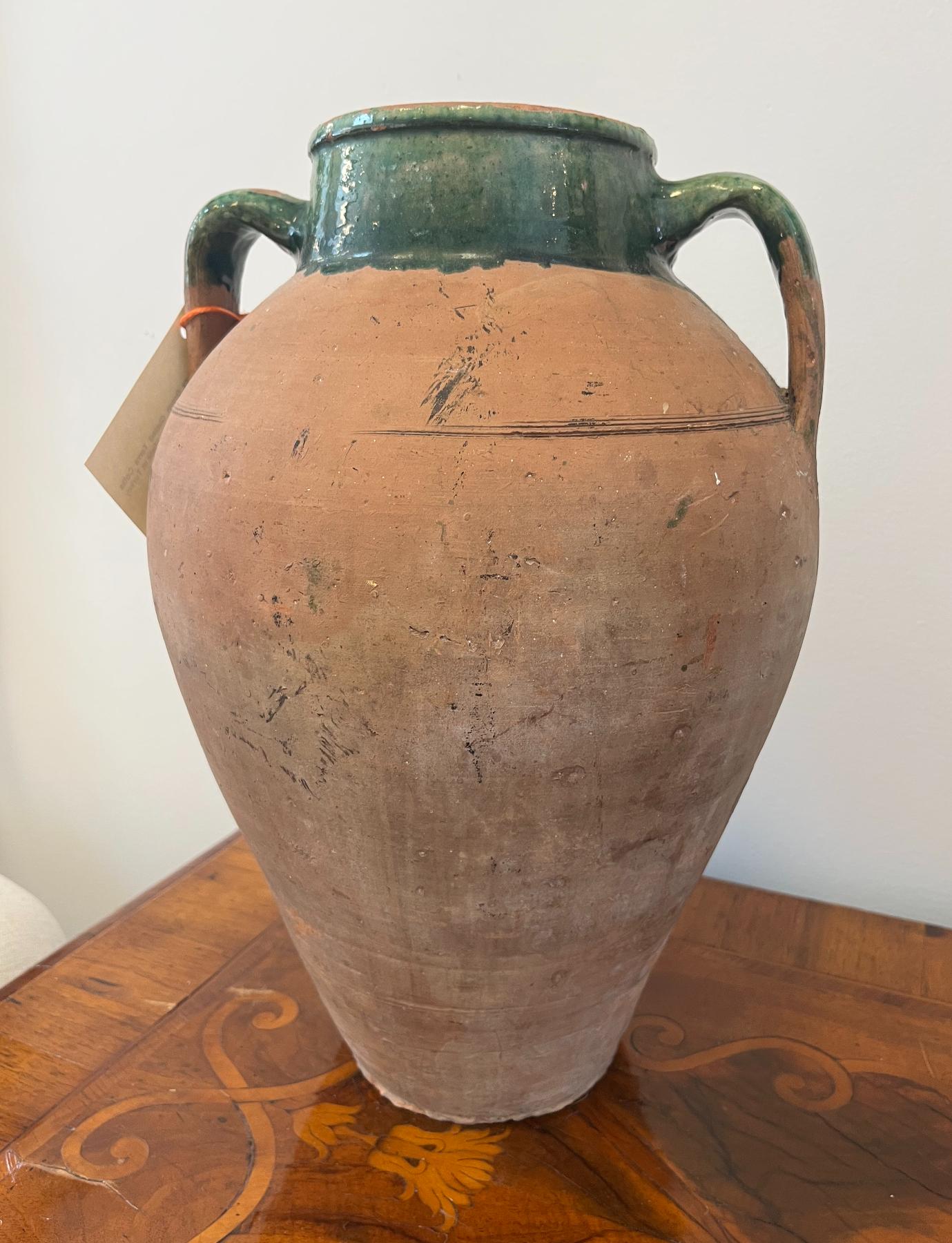 Turkish Late 19th Century Green Glazed Terra Cotta Tall Pot with Two Handles For Sale