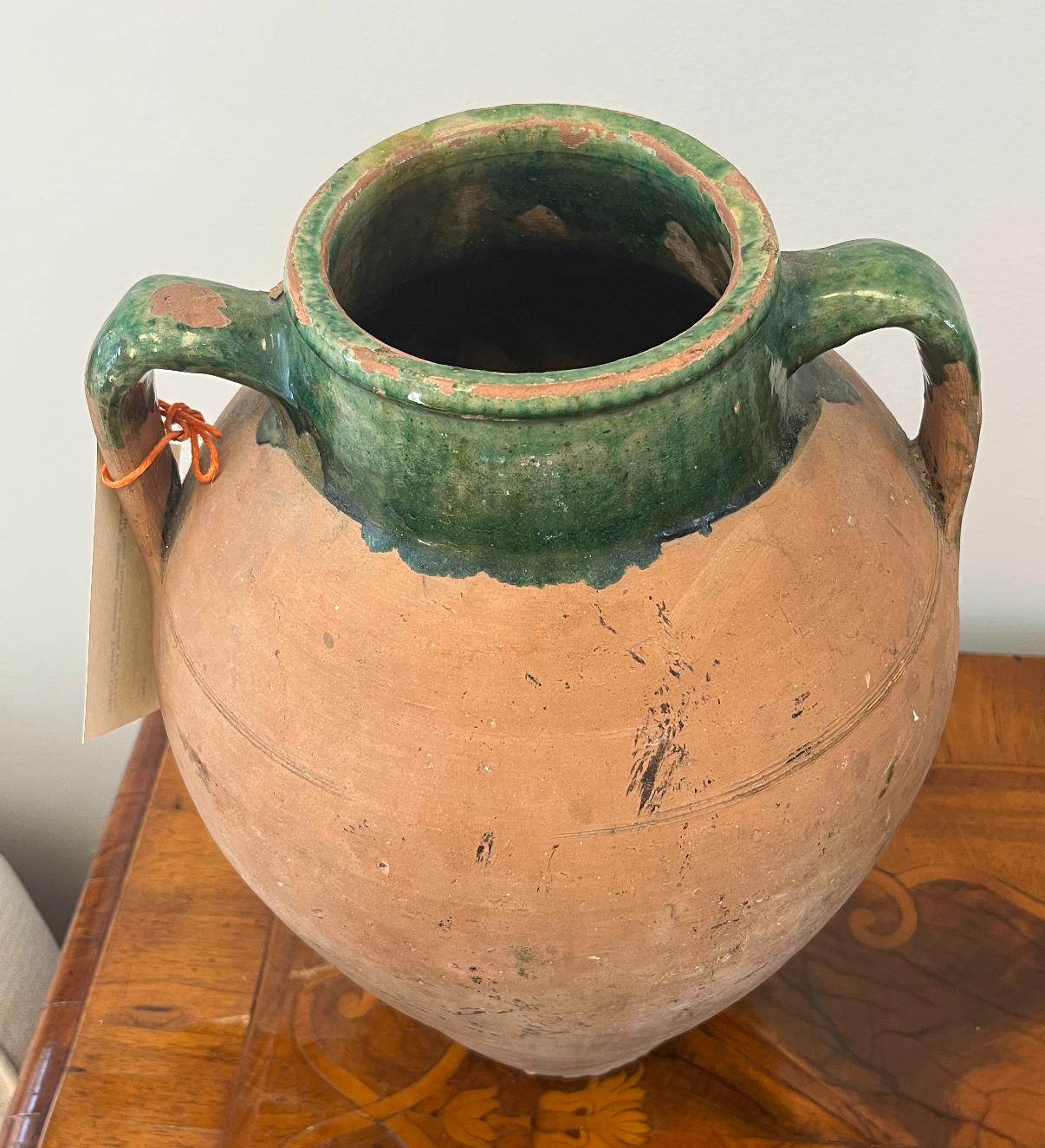 Late 19th Century Green Glazed Terra Cotta Tall Pot with Two Handles In Good Condition For Sale In Middleburg, VA