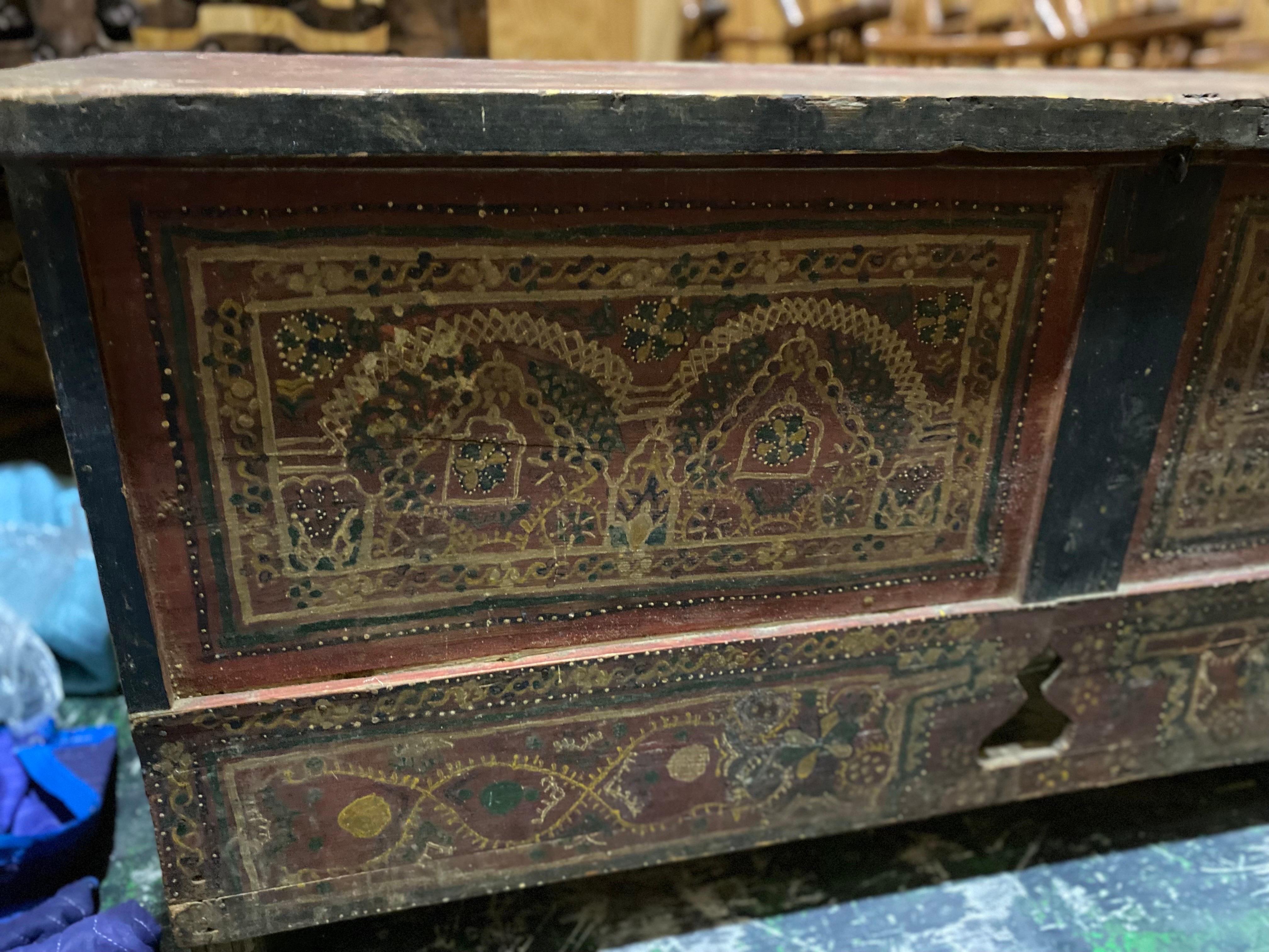 Hand-Painted Late 19th Century French Red Painted Blanket Chest with Elaborate Decoration For Sale