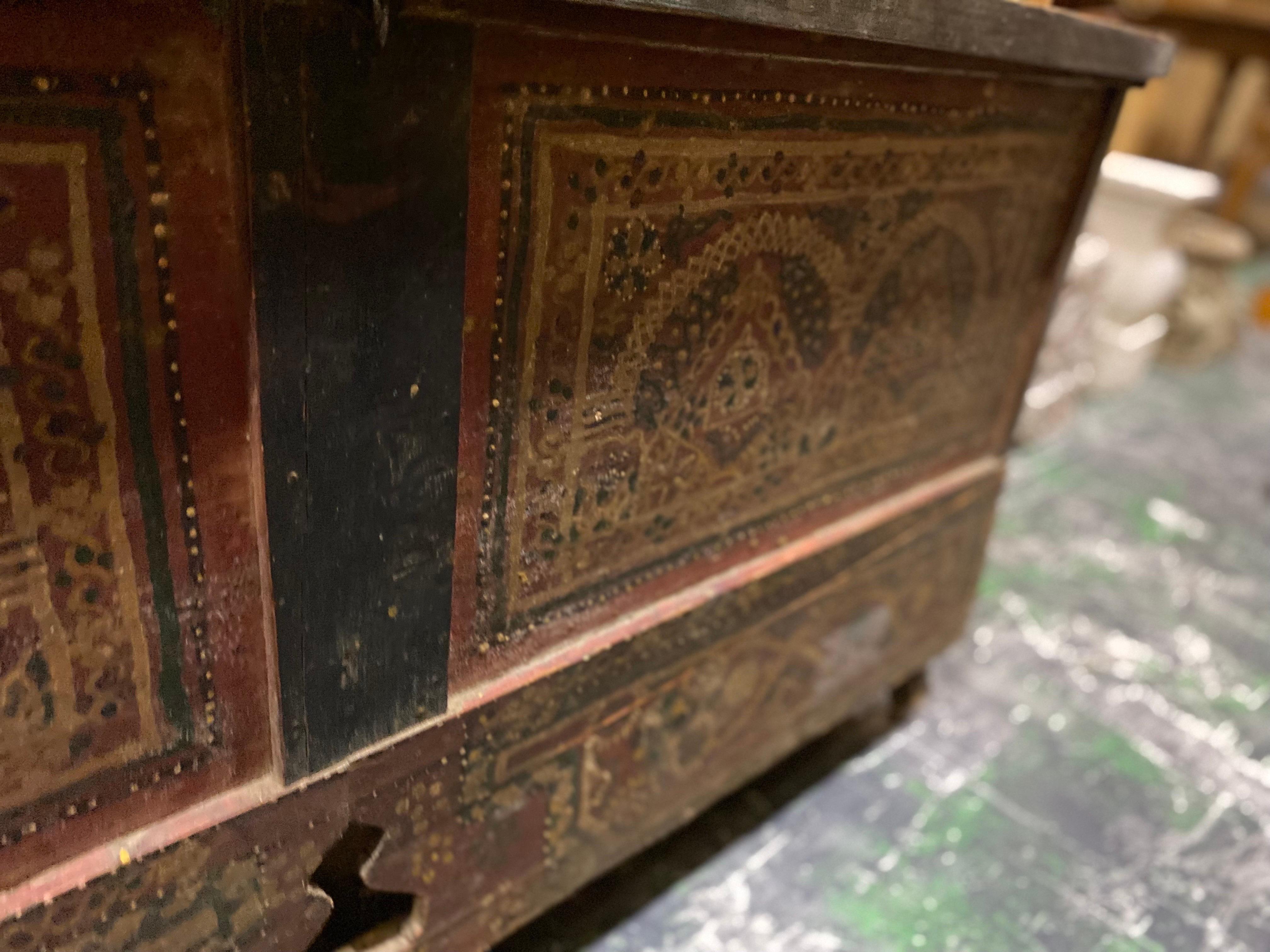 Late 19th Century French Red Painted Blanket Chest with Elaborate Decoration 1
