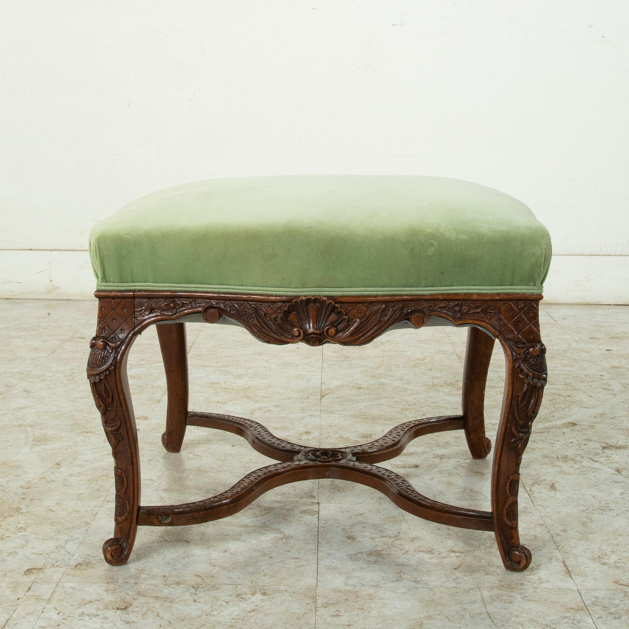 Upholstery Late 19th Century French Regency Style Hand Carved Oak Ottoman or Vanity Bench
