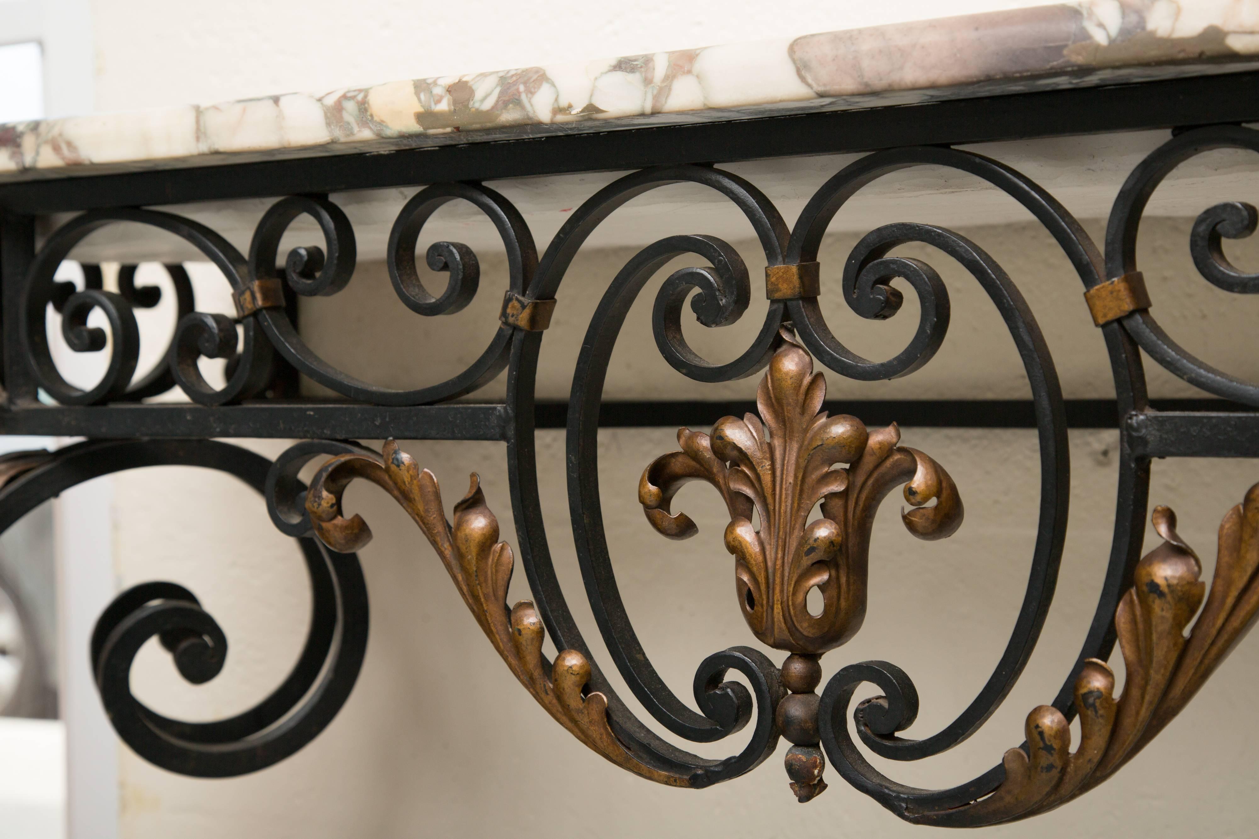 Late 19th Century French Rococo Revival Iron Console with Marble Top In Good Condition In WEST PALM BEACH, FL