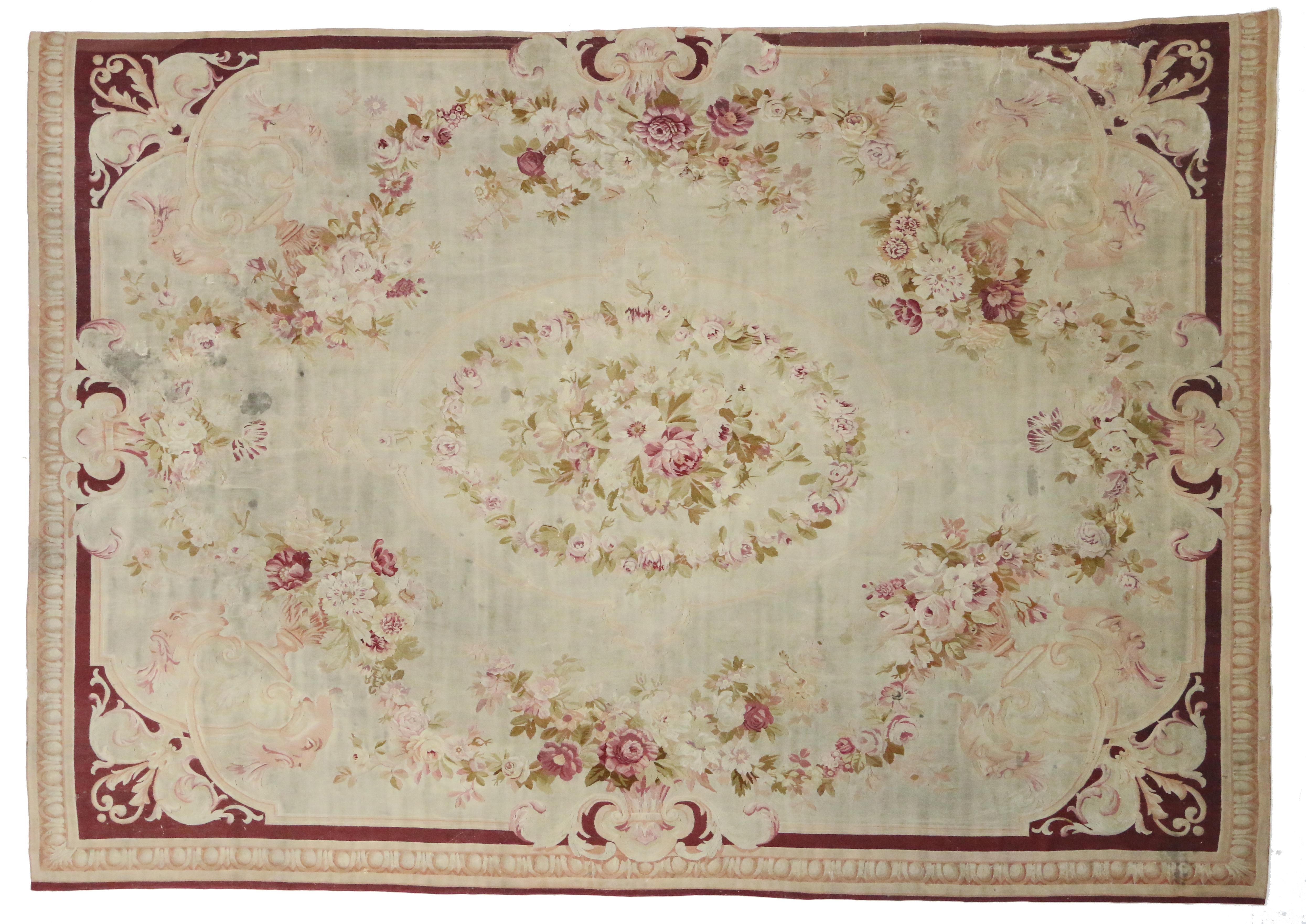 76740 Late 19th Century French Romanticism Antique Aubusson Rug. Say Oui as you feast your eyes upon this late 19th century French Romanticism antique Aubusson rug. This late 19th century rug is characterized by designs customary for Aubusson