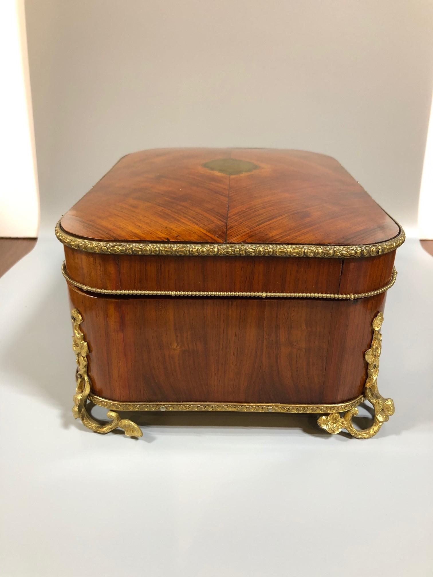 Silk Late 19th Century French Rosewood Jewelry Box with Great Ormolu Feet and Trim For Sale