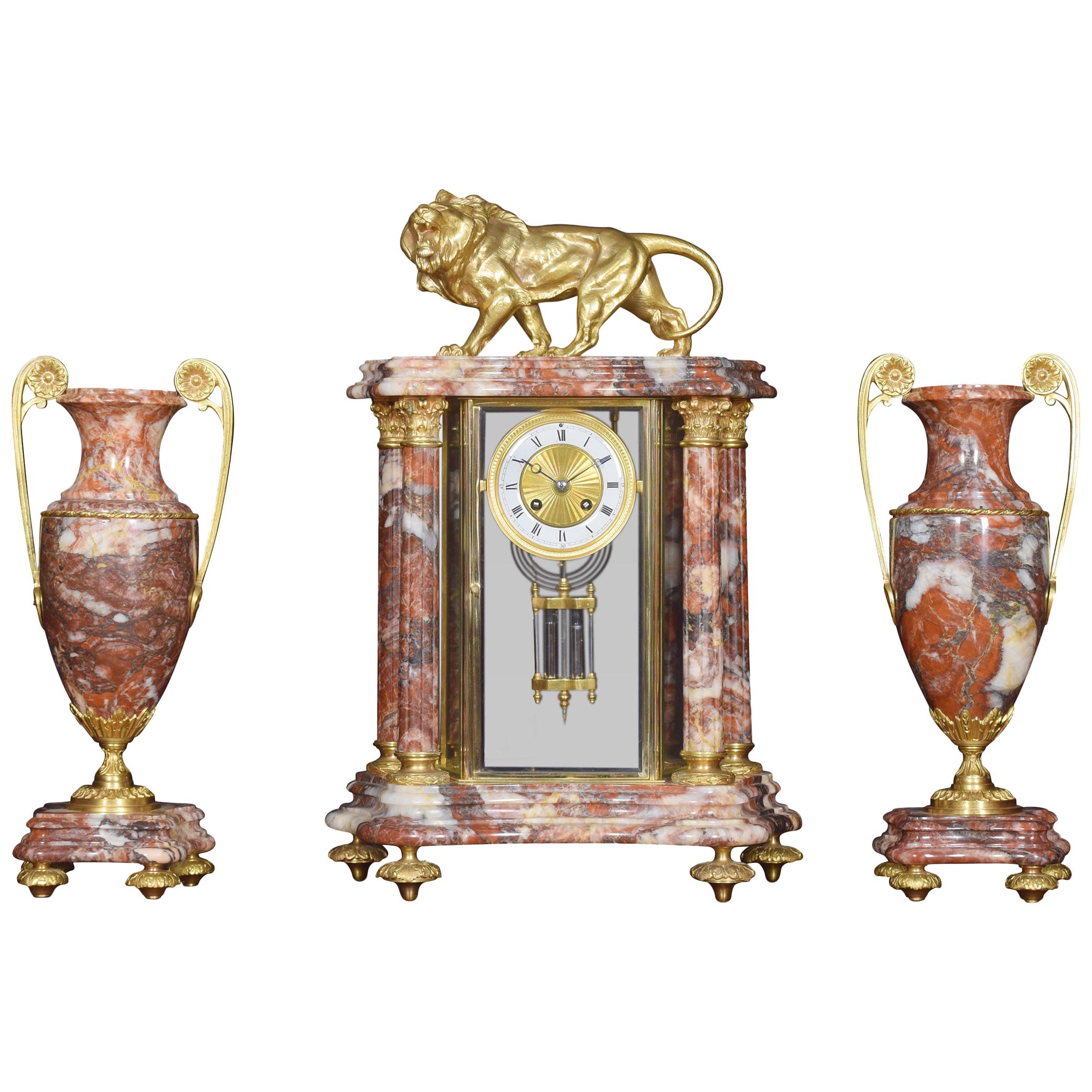 Late 19th Century French Rouge Marble Four Glass Clock Set For Sale