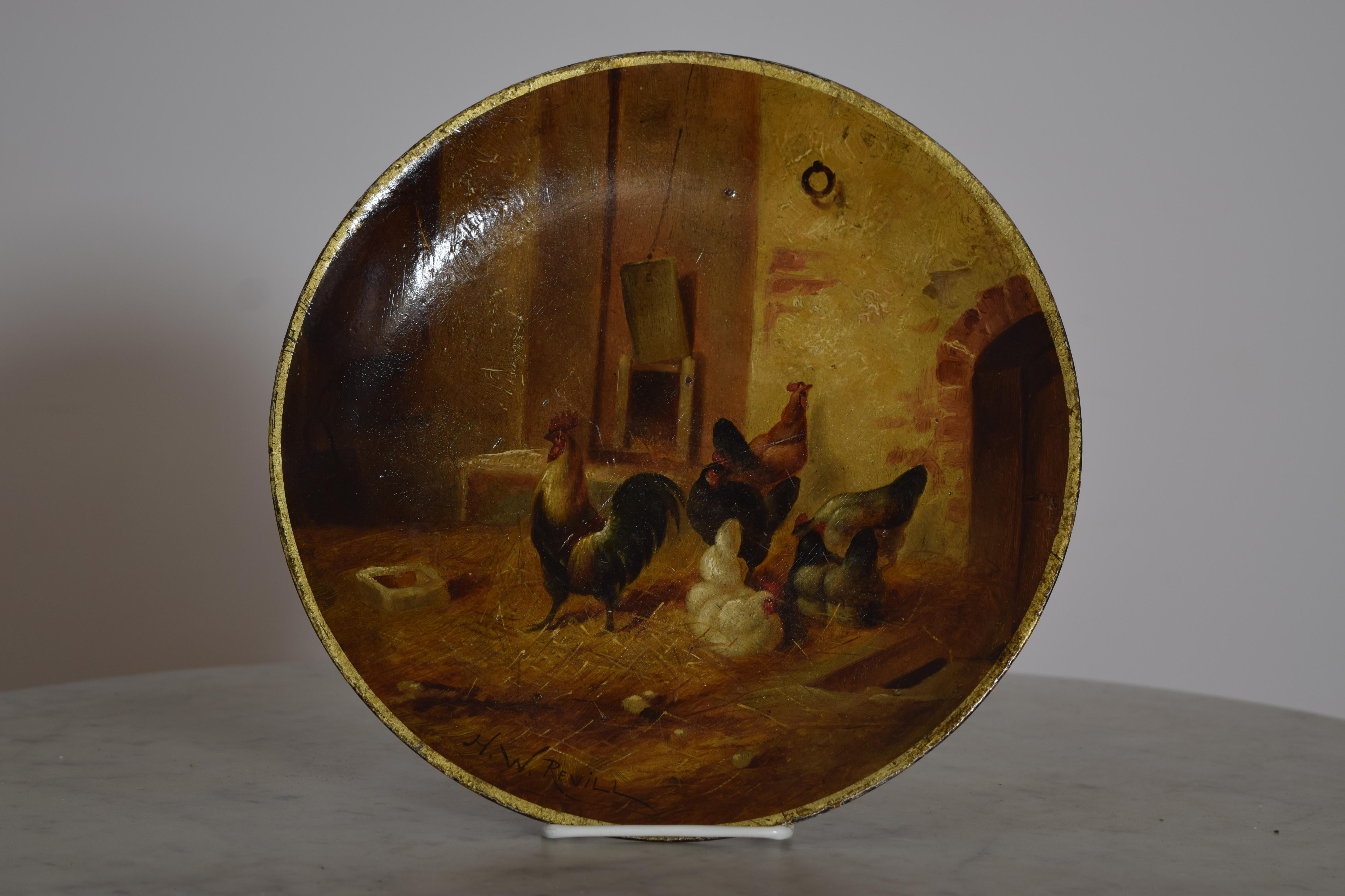 Francese Piatto in legno dipinto a olio rustico francese della fine del XIX secolo in vendita