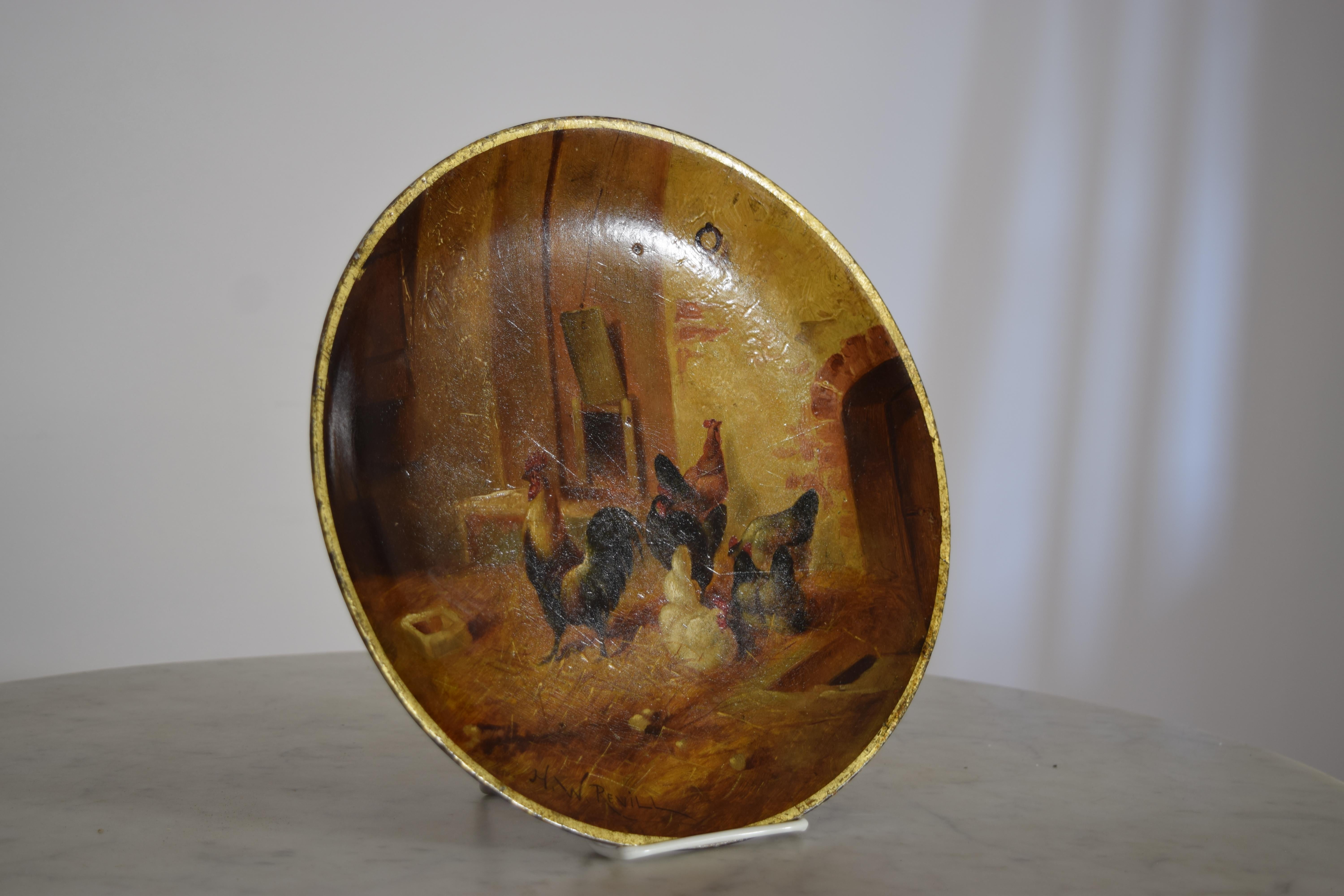 Dipinto a mano Piatto in legno dipinto a olio rustico francese della fine del XIX secolo in vendita