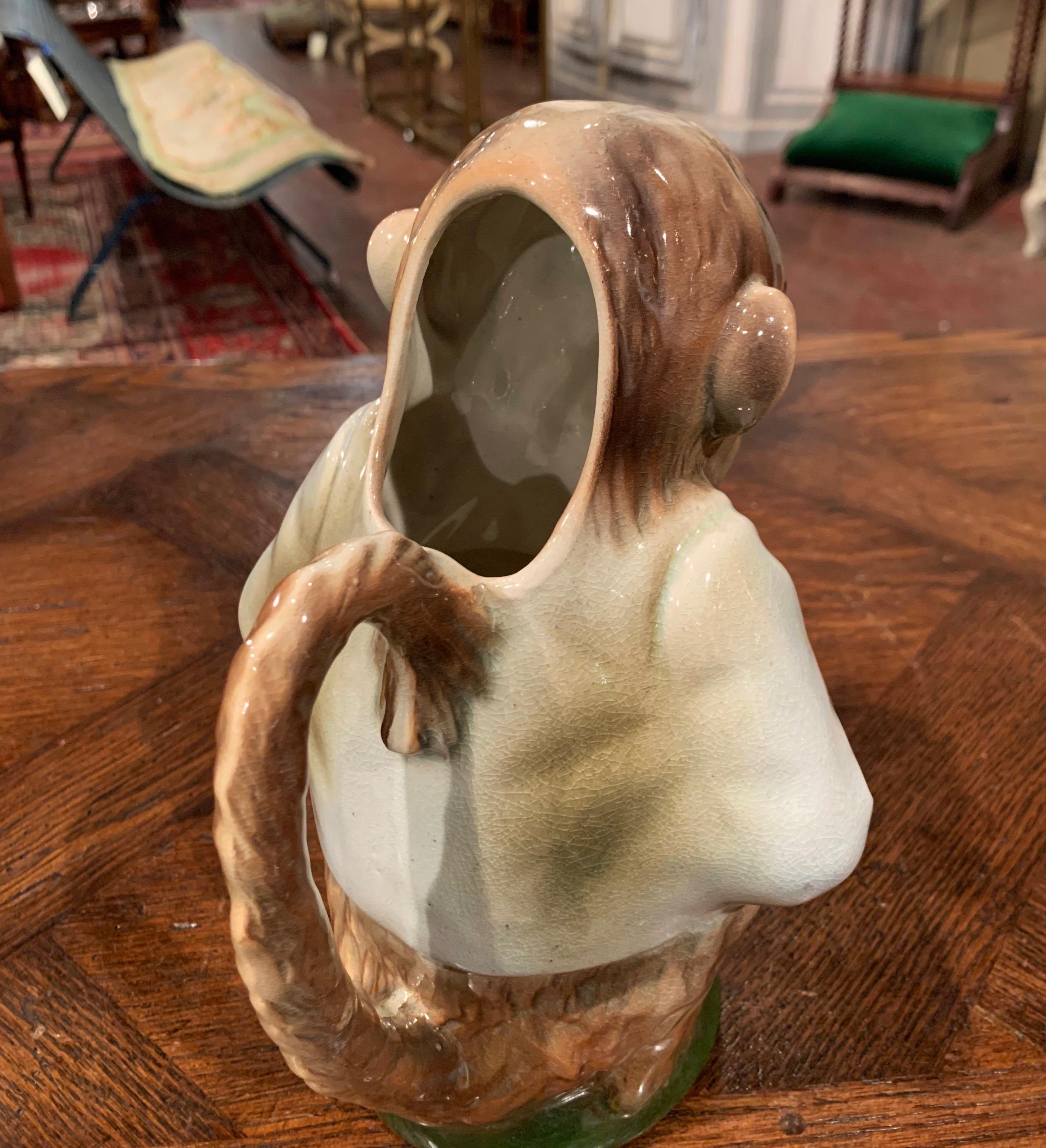 Late 19th Century French Saint Clement Painted Ceramic Barbotine Monkey Pitcher For Sale 6