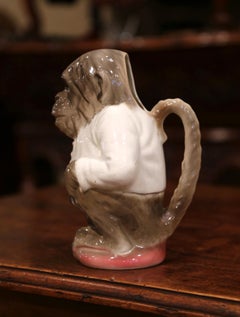 Late 19th Century French Saint Clement Painted Ceramic Barbotine Monkey Pitcher