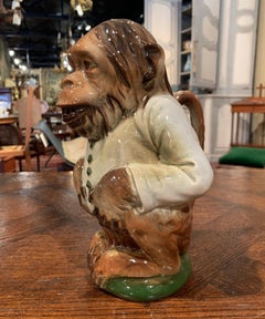 Late 19th Century French Saint Clement Painted Ceramic Barbotine Monkey Pitcher