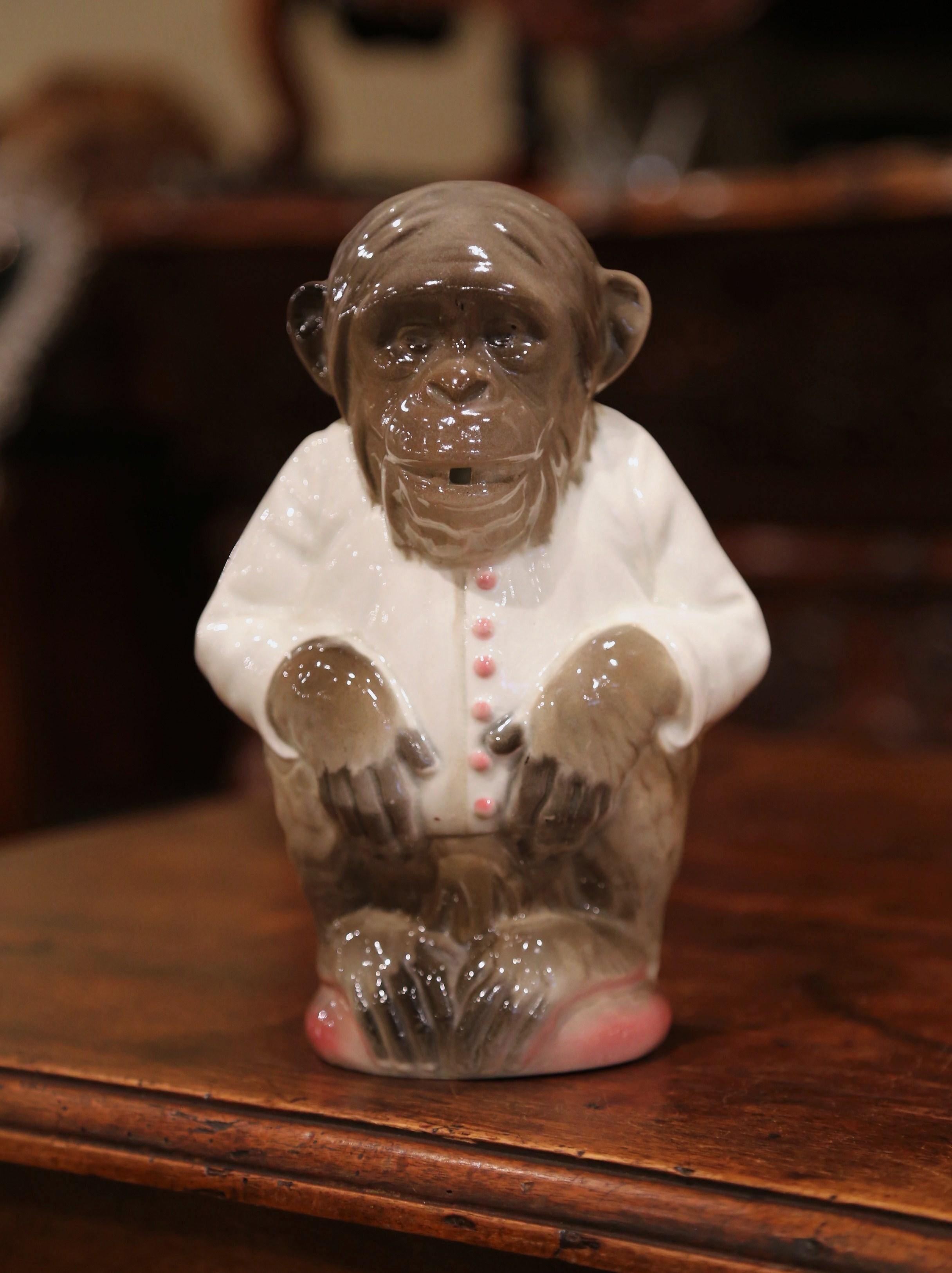 Hand-Crafted Late 19th Century French Saint Clement Painted Ceramic Barbotine Monkey Pitcher