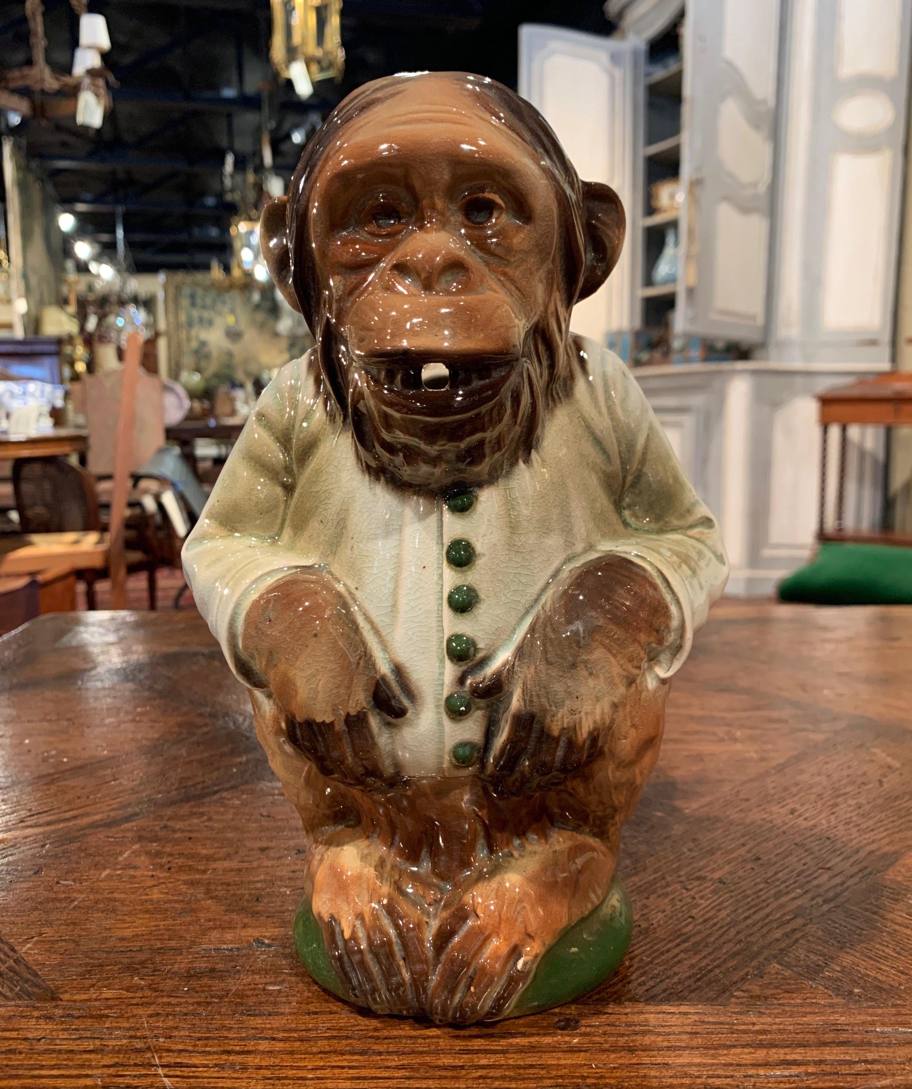 Late 19th Century French Saint Clement Painted Ceramic Barbotine Monkey Pitcher In Excellent Condition In Dallas, TX