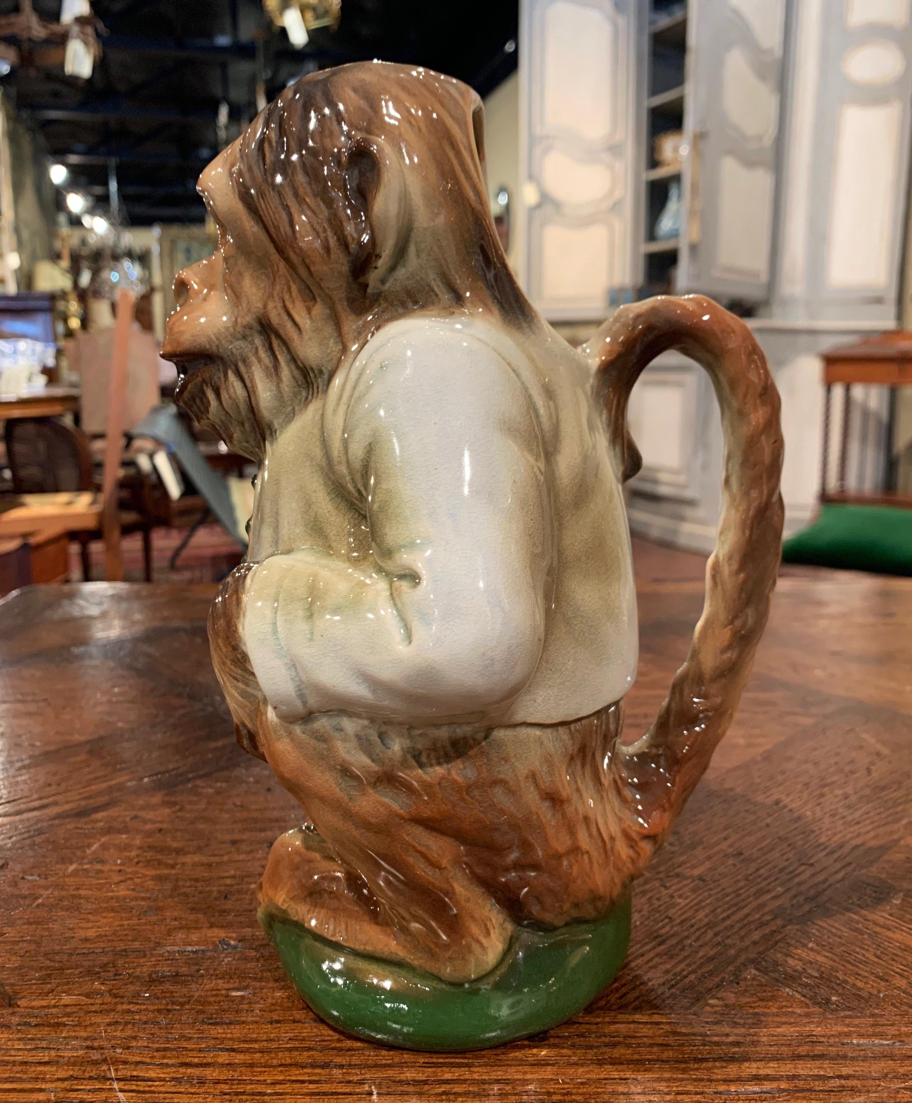 Late 19th Century French Saint Clement Painted Ceramic Barbotine Monkey Pitcher For Sale 3