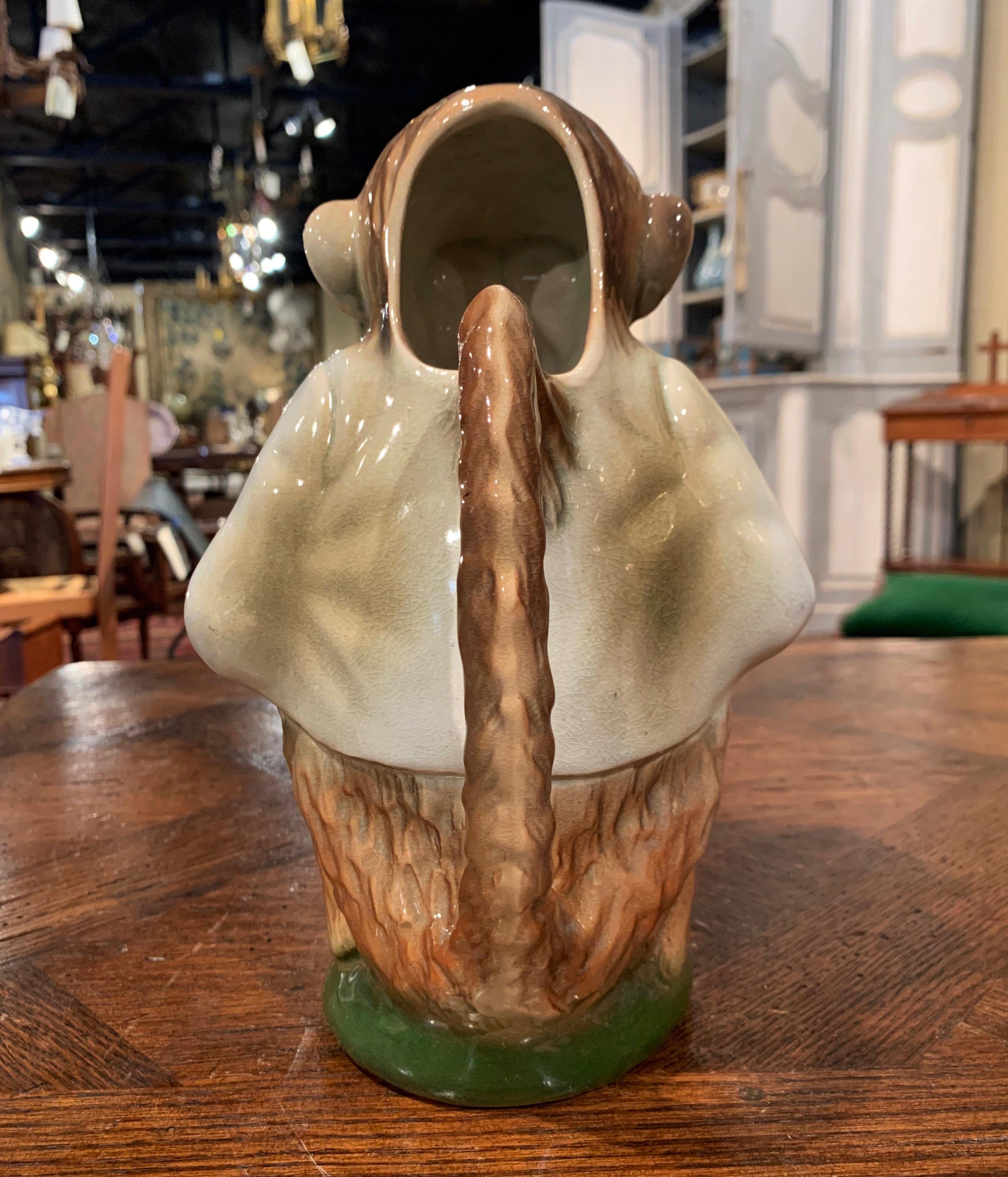 Late 19th Century French Saint Clement Painted Ceramic Barbotine Monkey Pitcher 4