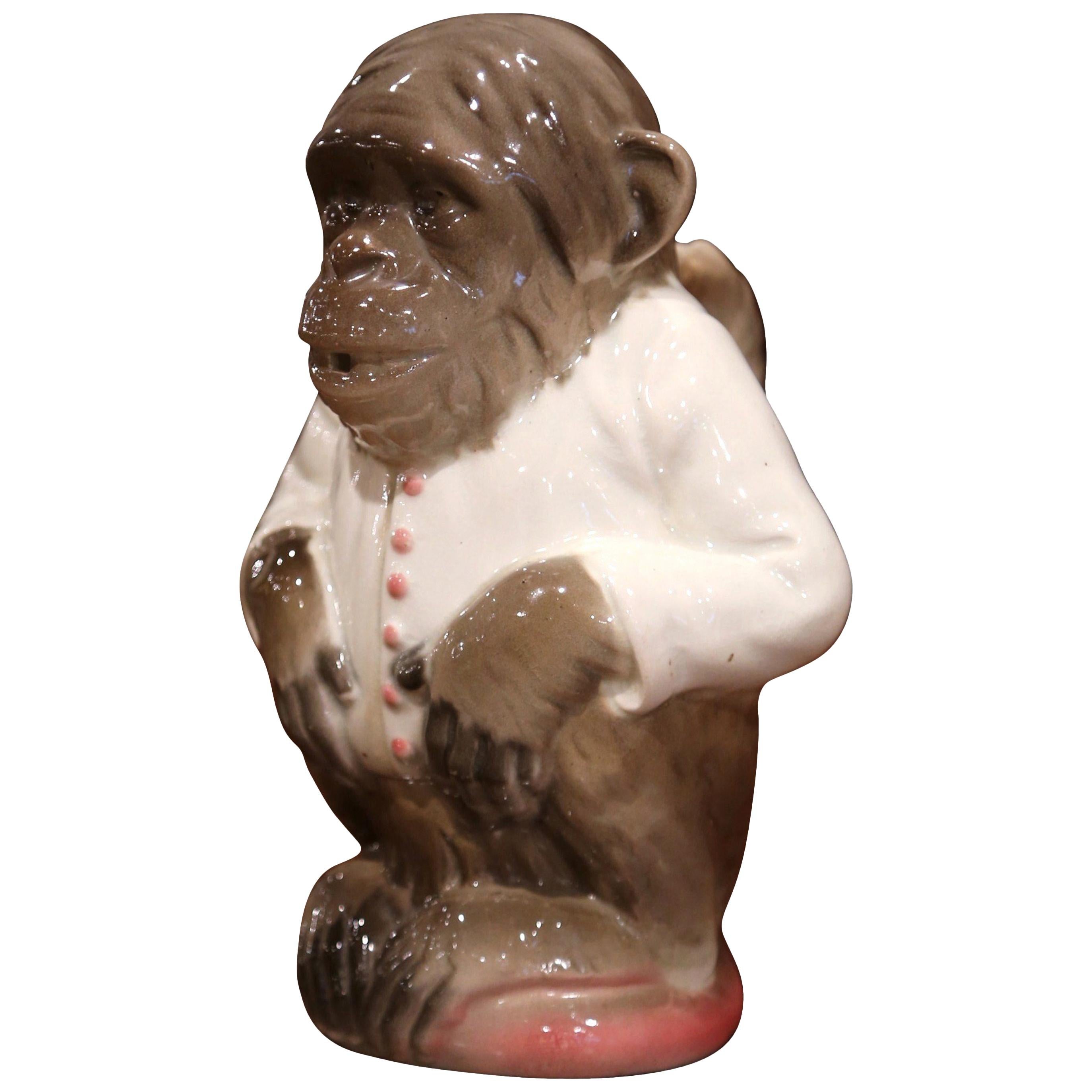 Late 19th Century French Saint Clement Painted Ceramic Barbotine Monkey Pitcher