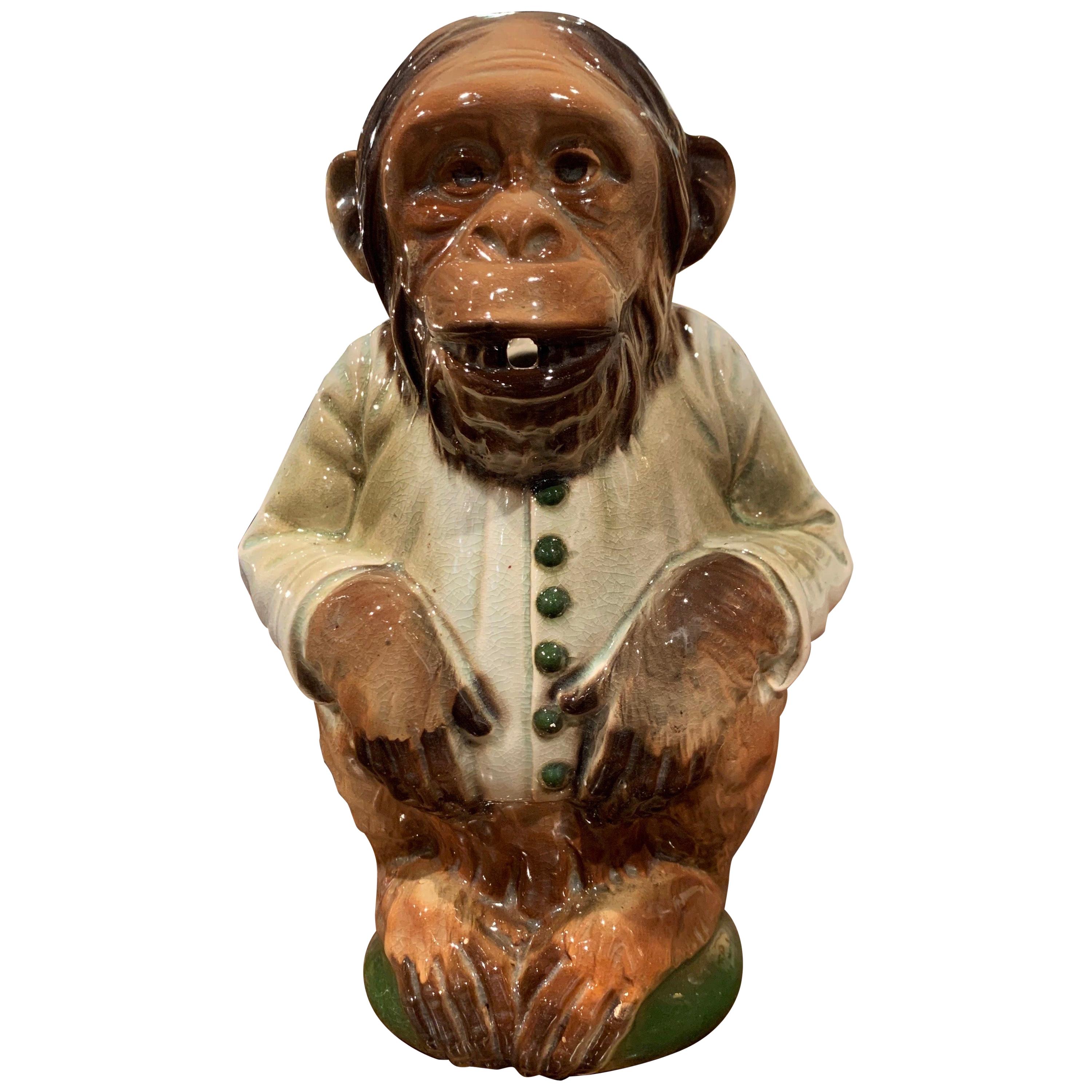 Late 19th Century French Saint Clement Painted Ceramic Barbotine Monkey Pitcher For Sale