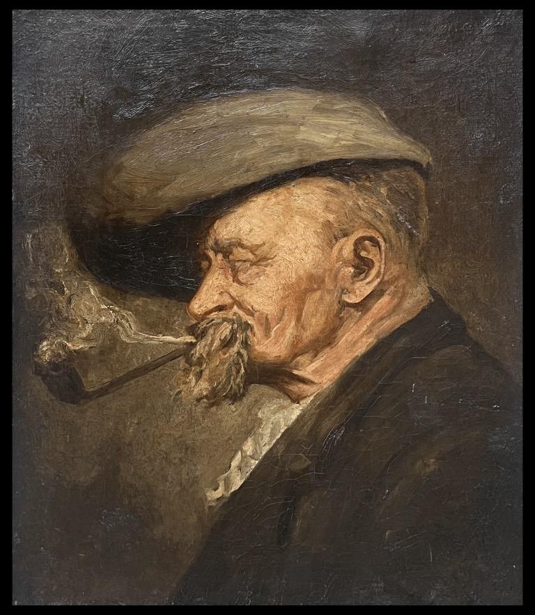 Feine Qualität 19. Jahrhundert Französisch Impressionist Öl Porträt Mann raucht Pfeife – Painting von Late 19th Century French school 