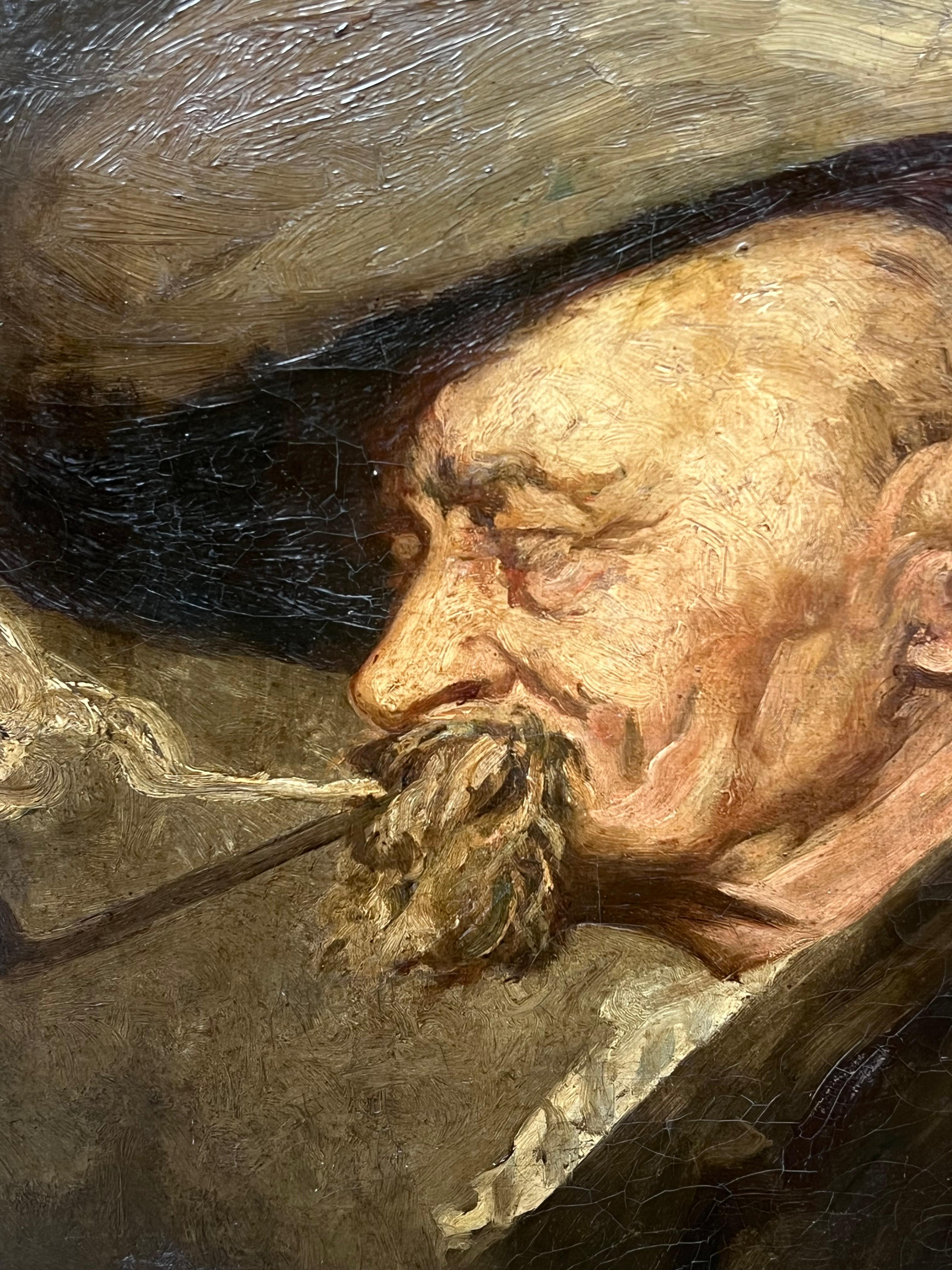Feine Qualität 19. Jahrhundert Französisch Impressionist Öl Porträt Mann raucht Pfeife (Schwarz), Figurative Painting, von Late 19th Century French school 