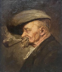 Antique Fine Quality 19th Century French Impressionist Oil Portrait Man Smoking Pipe