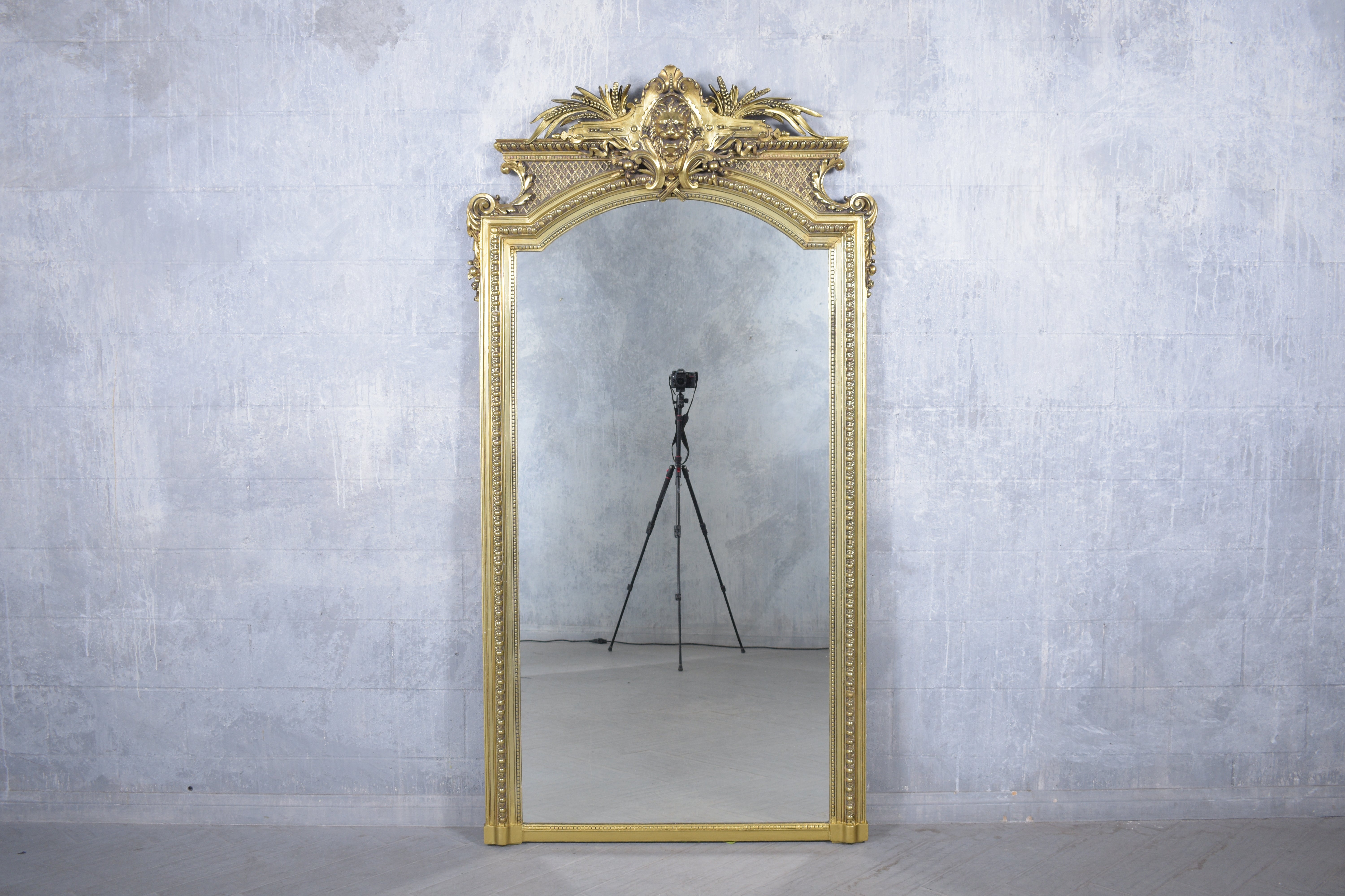 Step into the world of classic French elegance with our late 19th-century standing mirror, meticulously restored to showcase its artistry and craftsmanship. Made from premium solid wood and gesso, our expert craftsmen revived this exquisite mirror