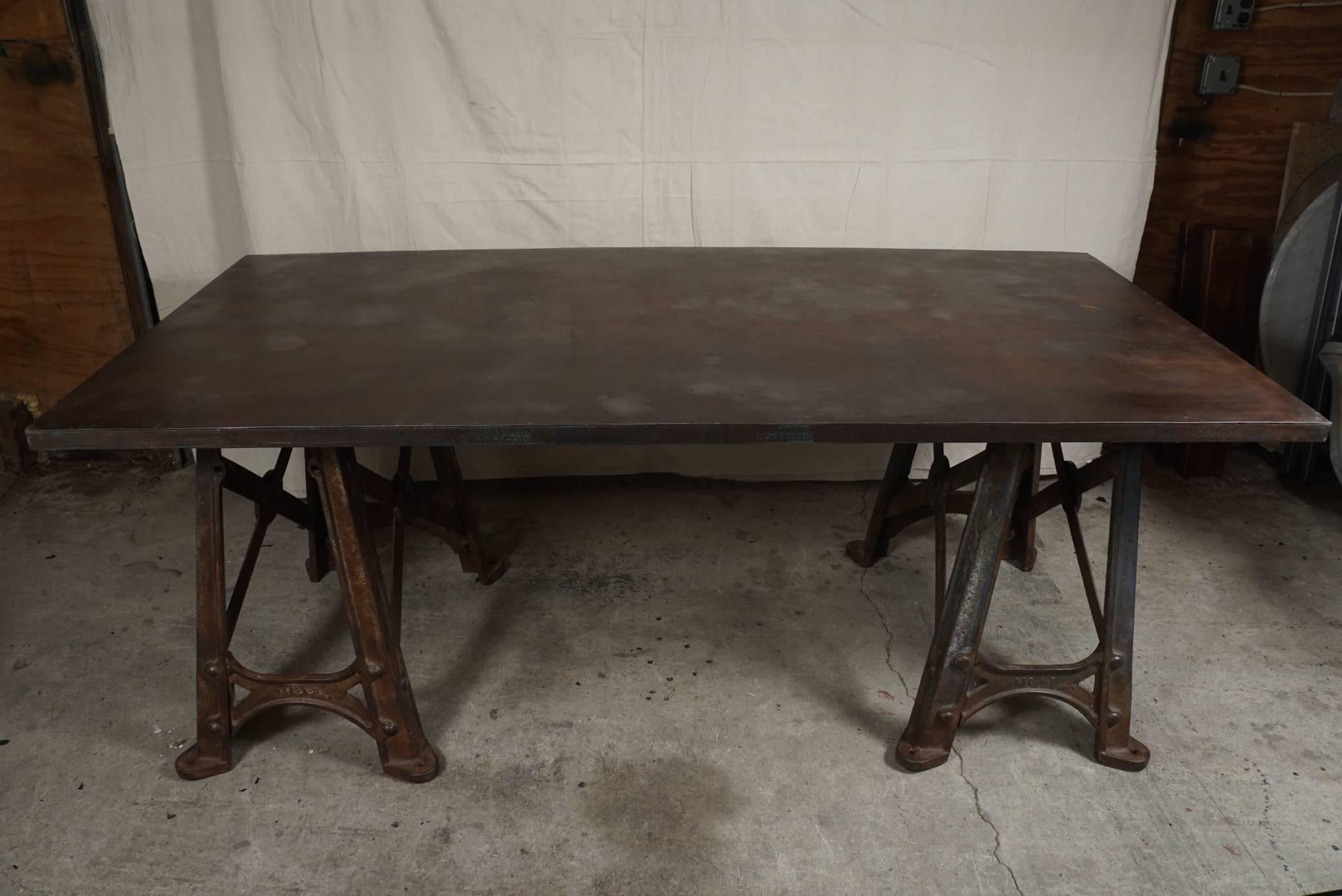 This very good table has all the elements associated with the finest of industrial furniture. Conceived at a time, circa 1890-1900 when art and industry were combined to create modern wonders of the age and who’s ideals had the intent of recreating
