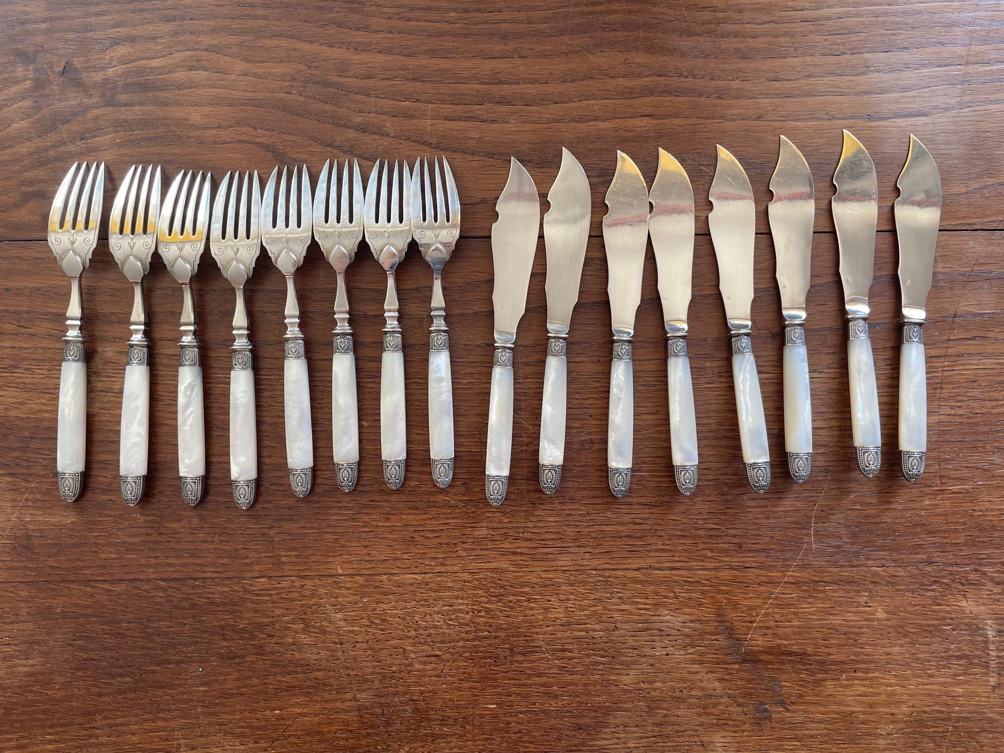 Late 19th Century, French, Sterling Silver and Mother-of-Pearl Fish Cutlery  For Sale 7