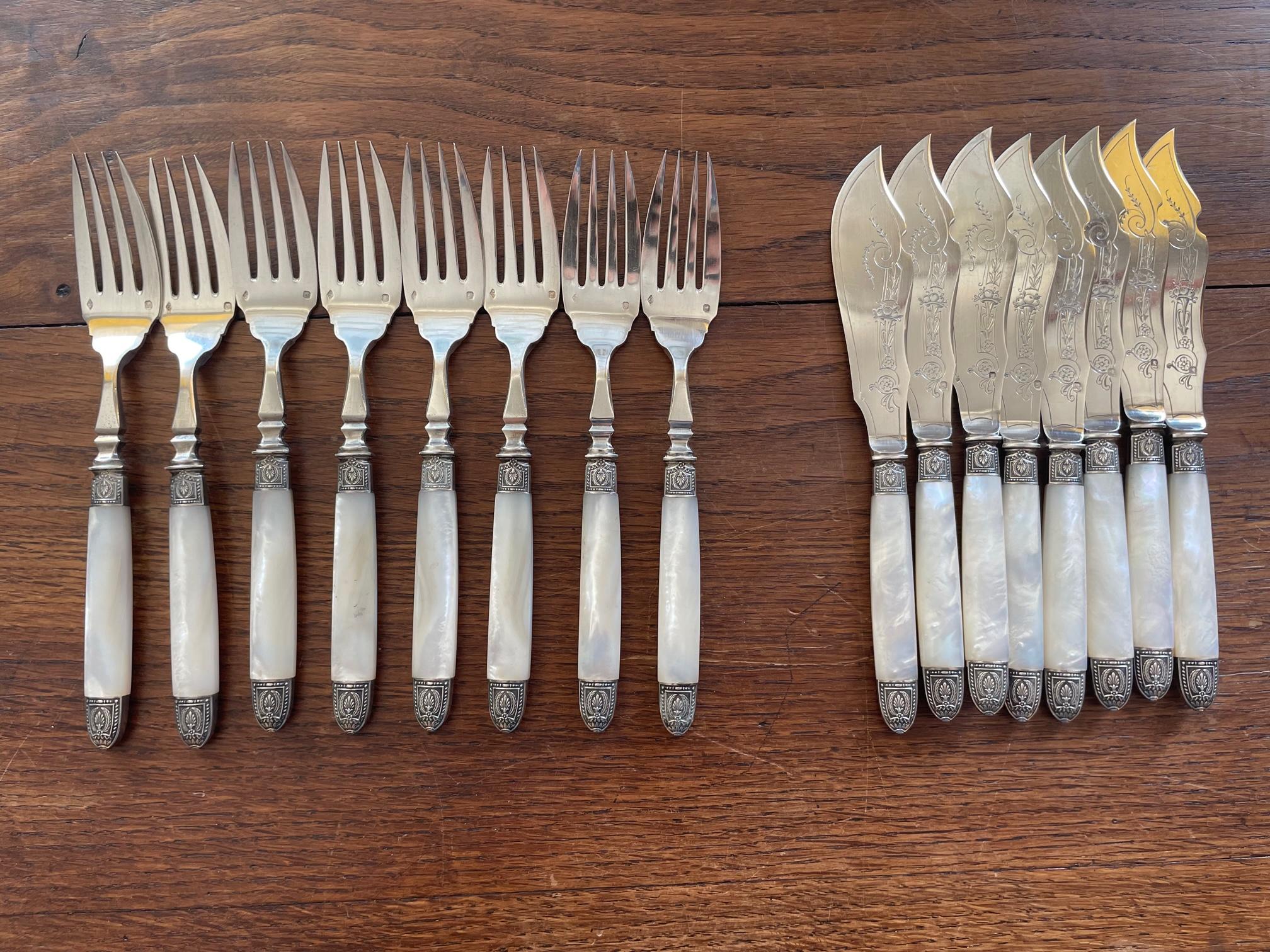 Beautiful 19th century French Sterling silver and mother-of-pearl fish cutlery, service for 8 people. 
8 Forks and 8 knives. French punch (minerve) and Stamp R&C of the silversmith. 
The handles are in mother-of-pearl. Very good condition and