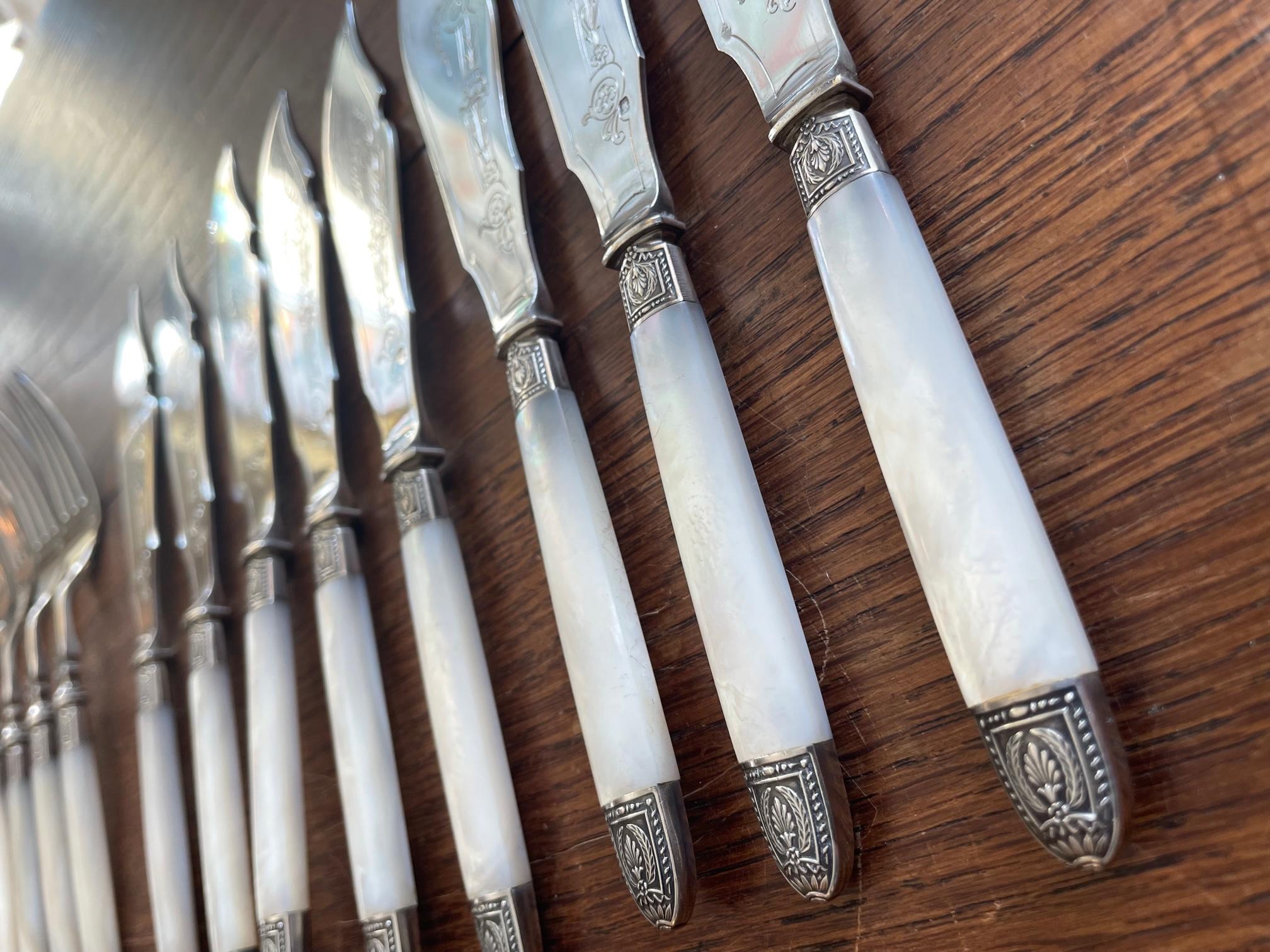 Late 19th Century, French, Sterling Silver and Mother-of-Pearl Fish Cutlery  For Sale 3