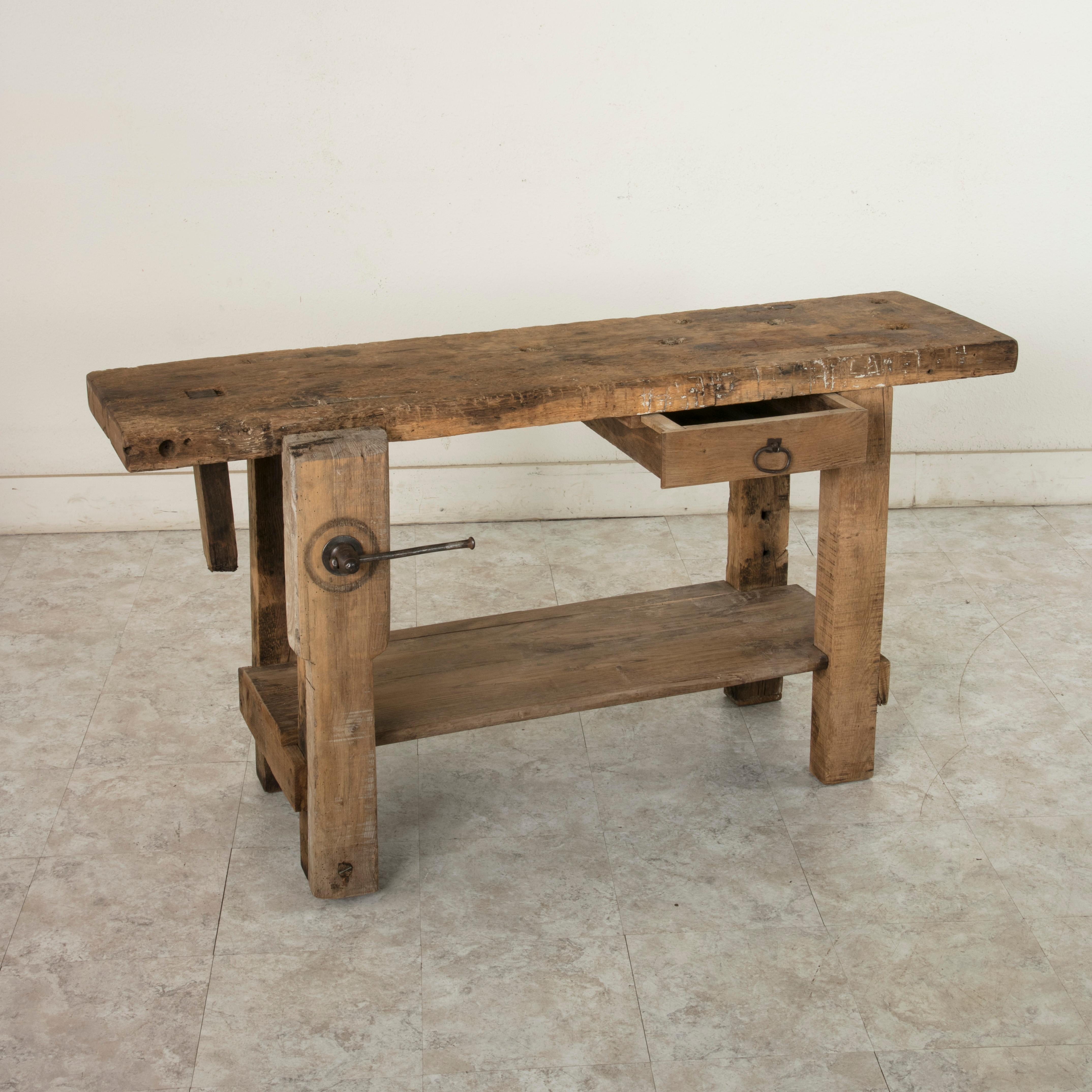 Late 19th Century French Stripped Oak Workbench, Console, Sofa Table with Vise 6