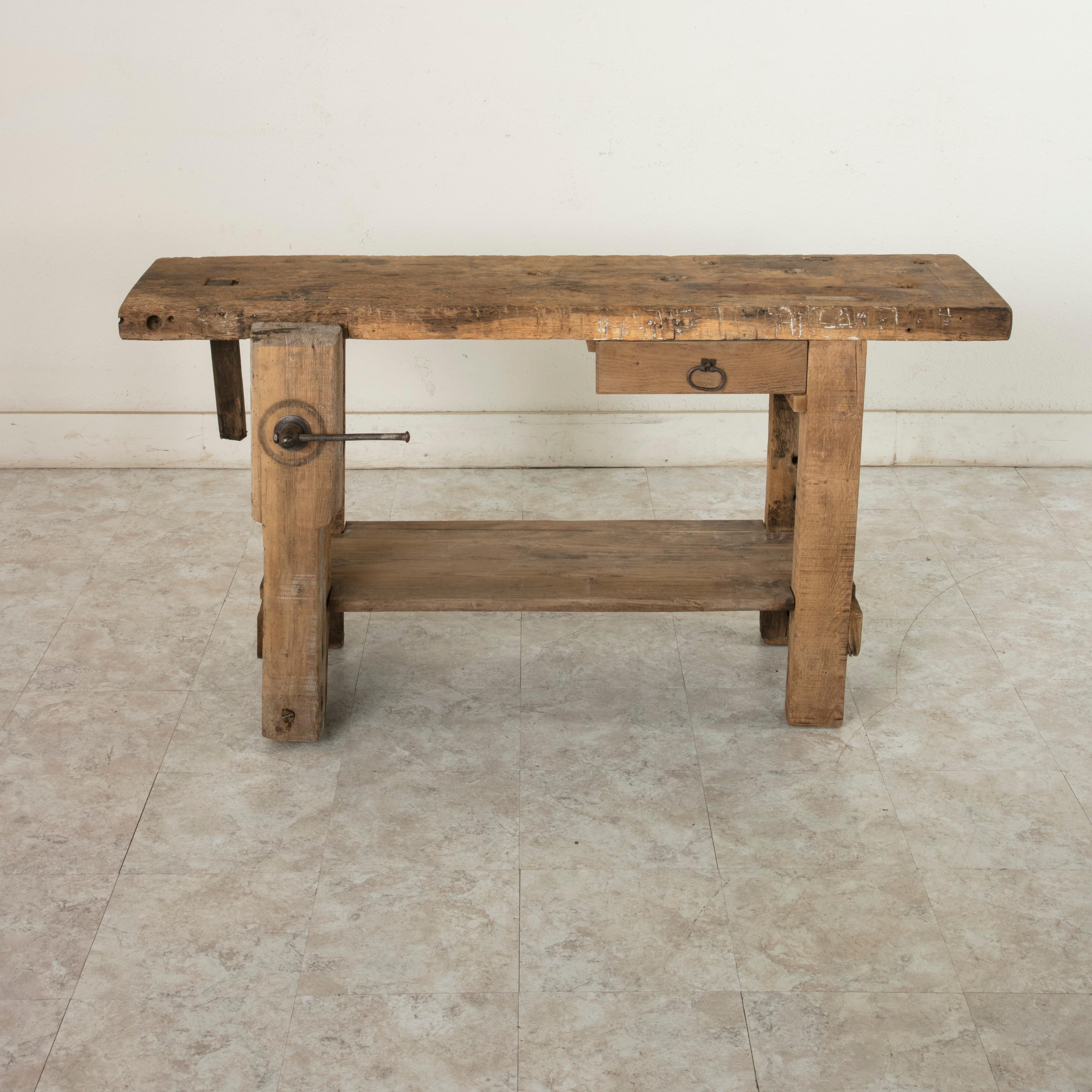 Rustic Late 19th Century French Stripped Oak Workbench, Console, Sofa Table with Vise